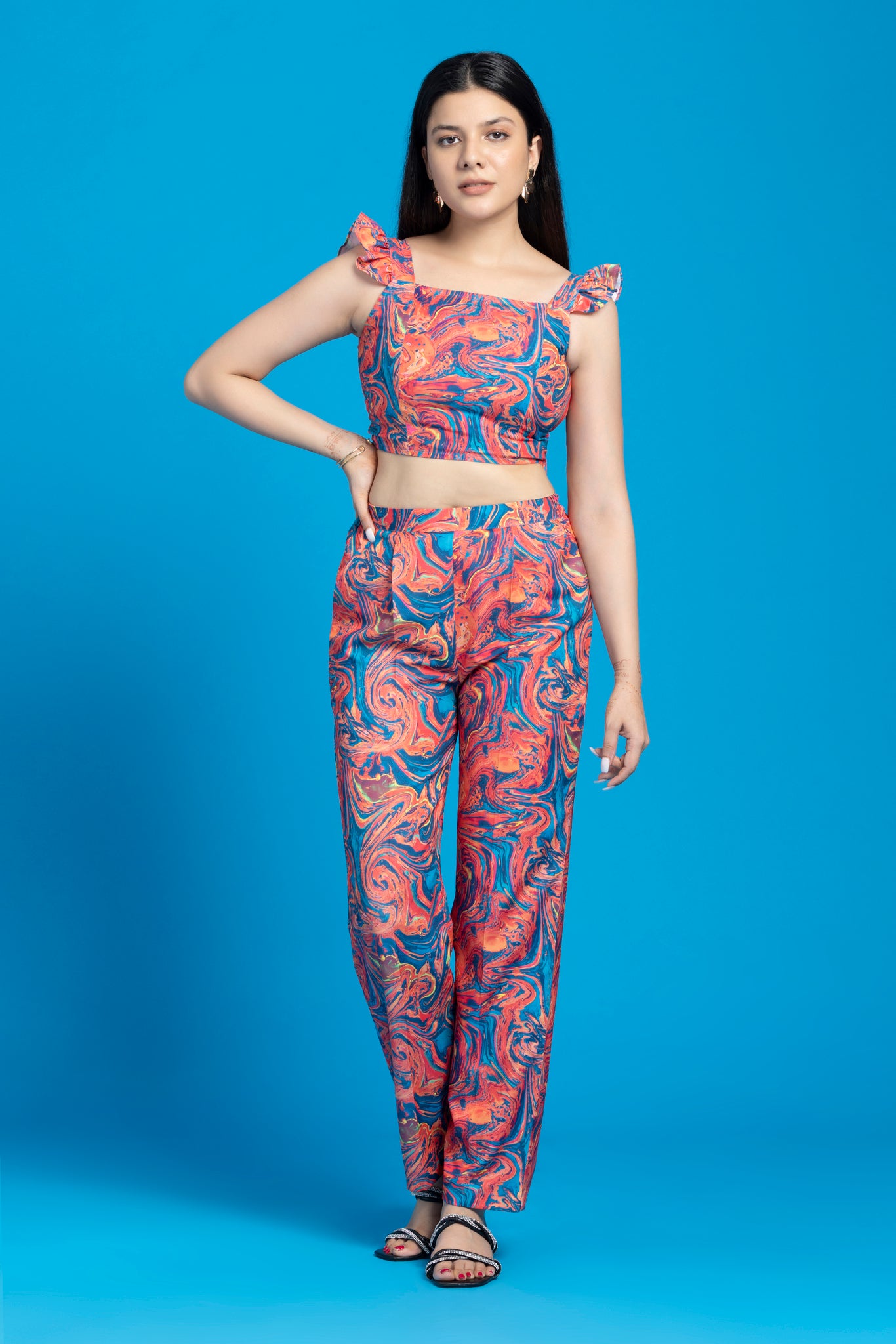 Marble Printed Crop Top With Trouser Set