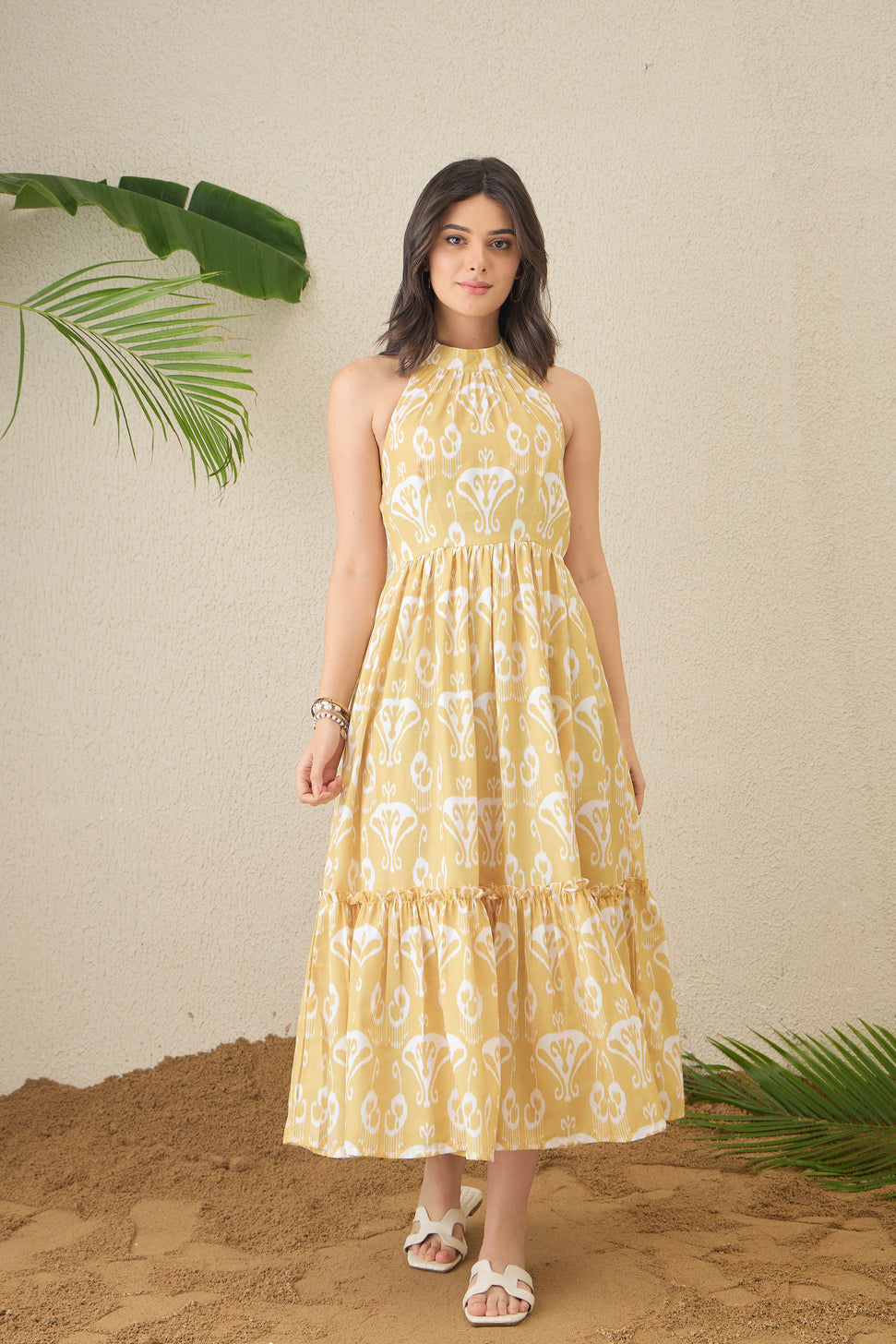 Yellow Ikat Print A-line Backless MIdi Dress