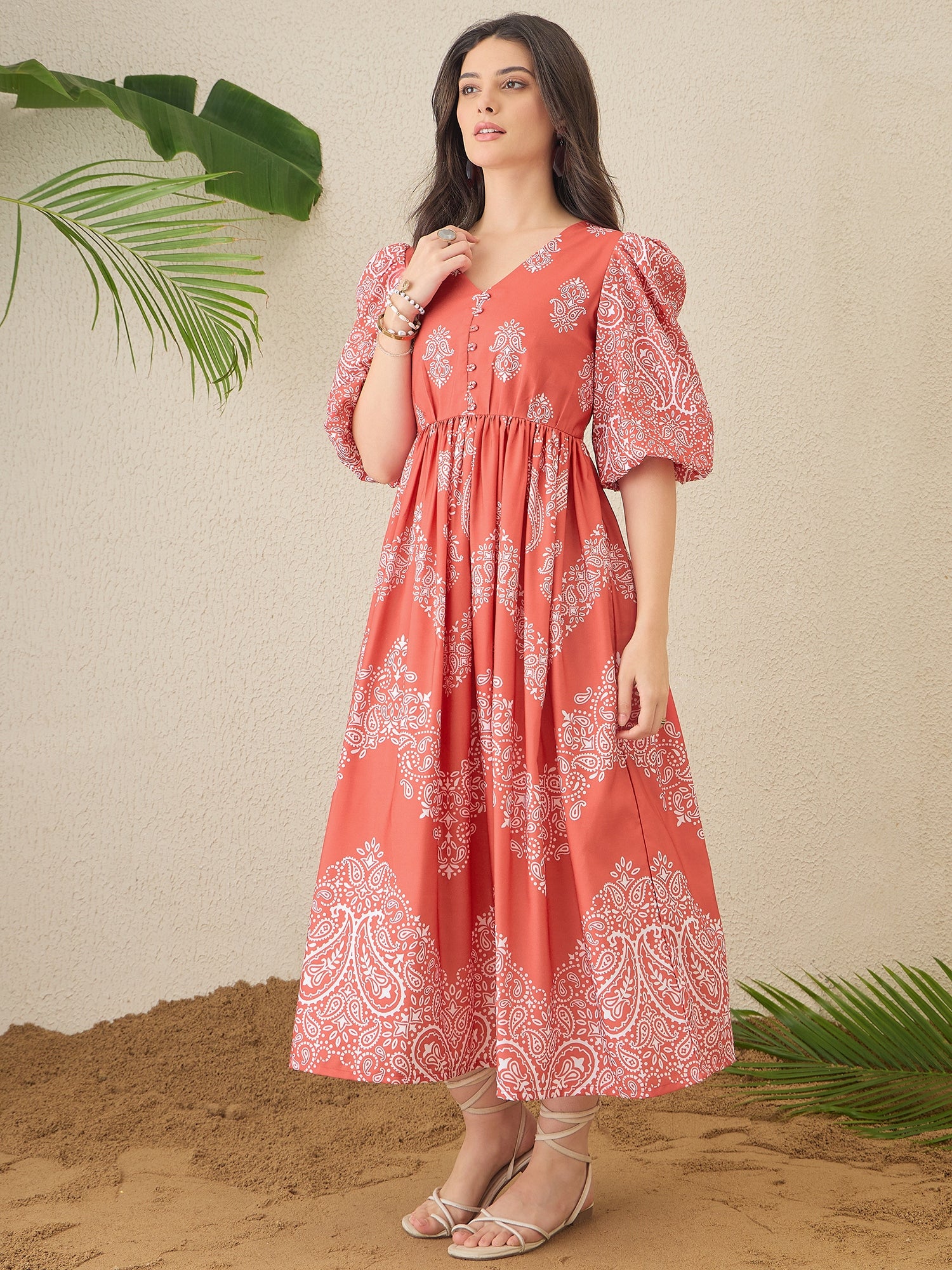 Peach-Coloured Paisley Print A-line Dress