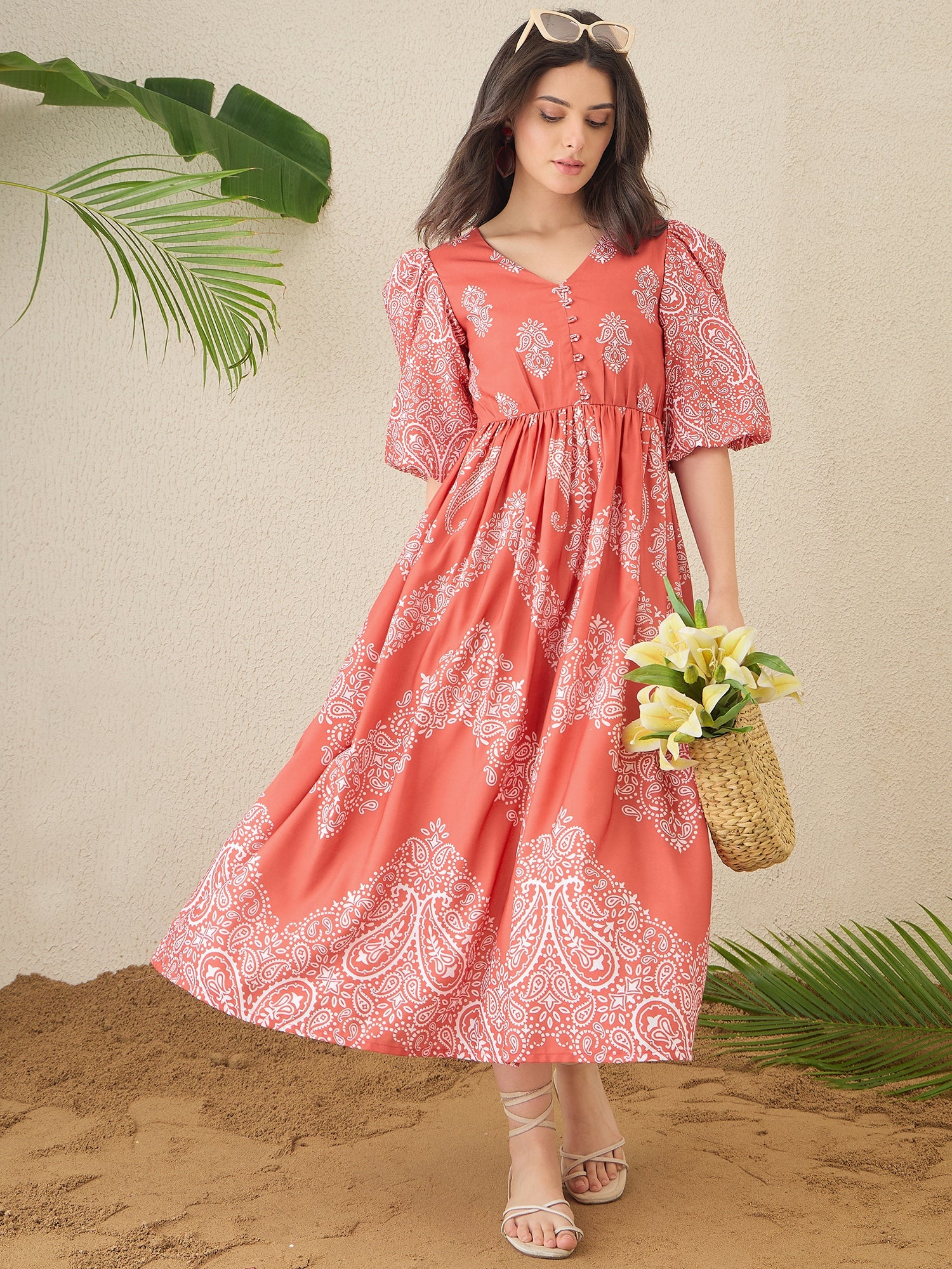 Peach-Coloured Paisley Print A-line Dress