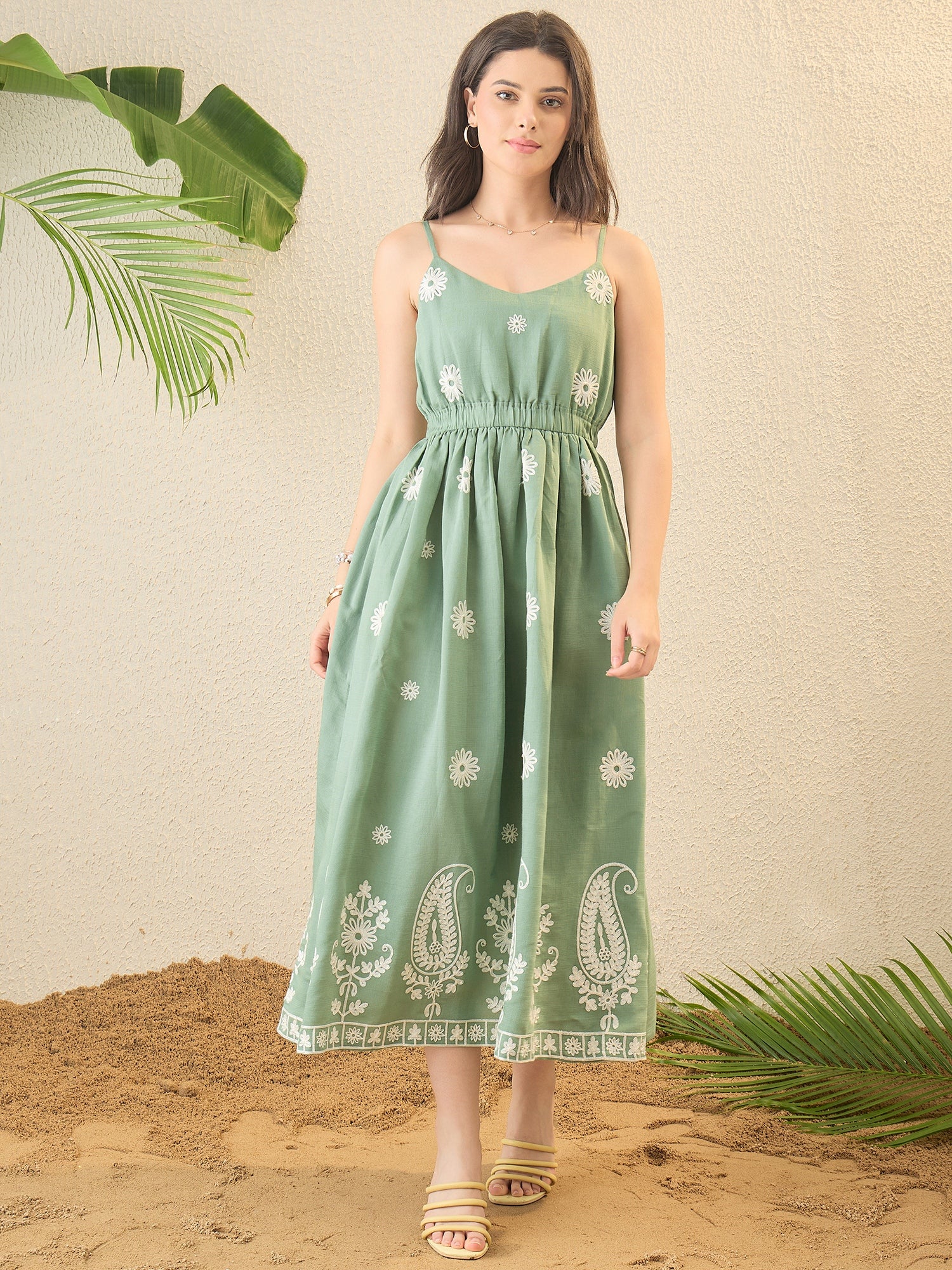 Green Floral Embroidered A-Line Midi Dress