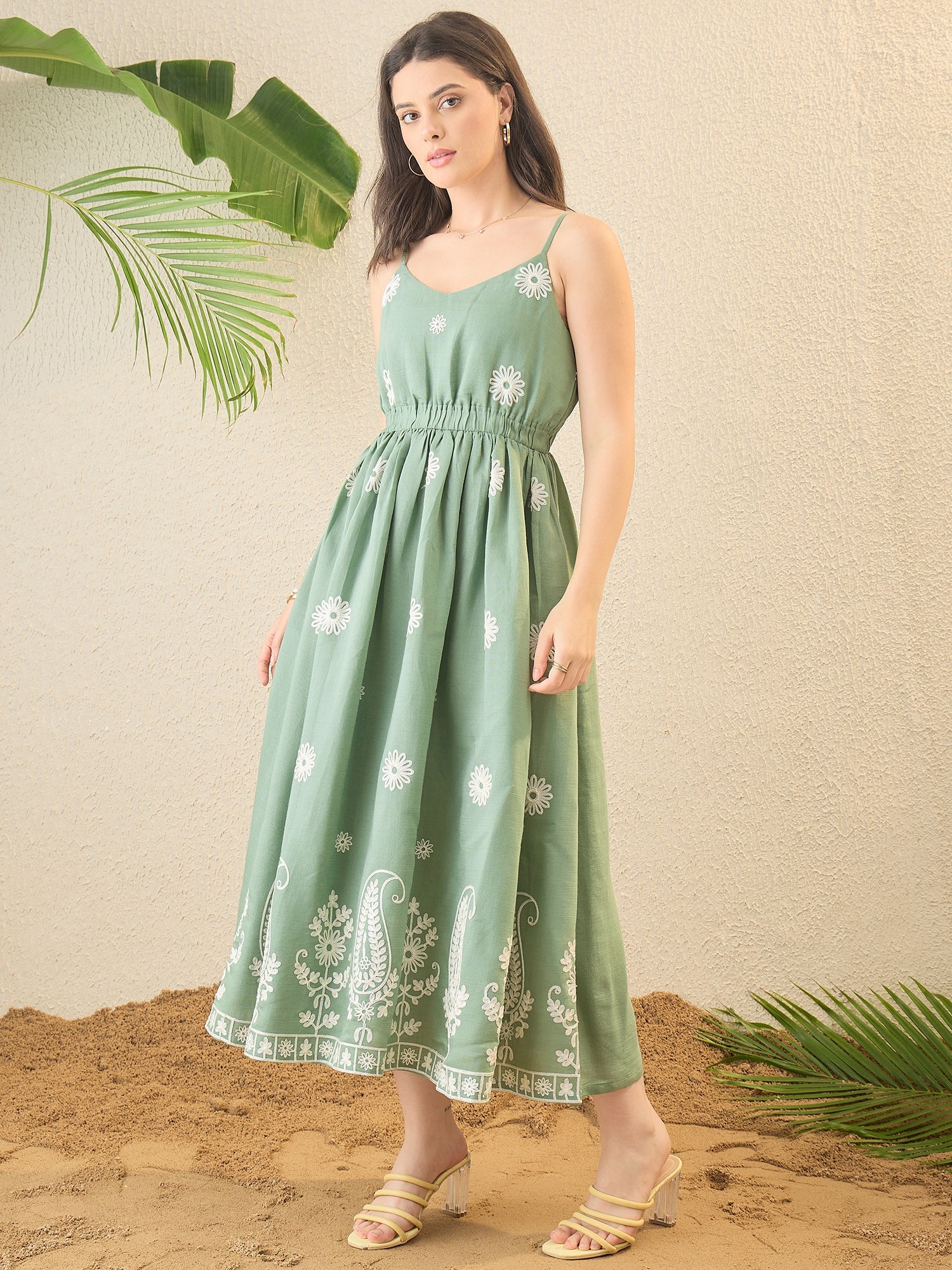 Green Floral Embroidered A-Line Midi Dress