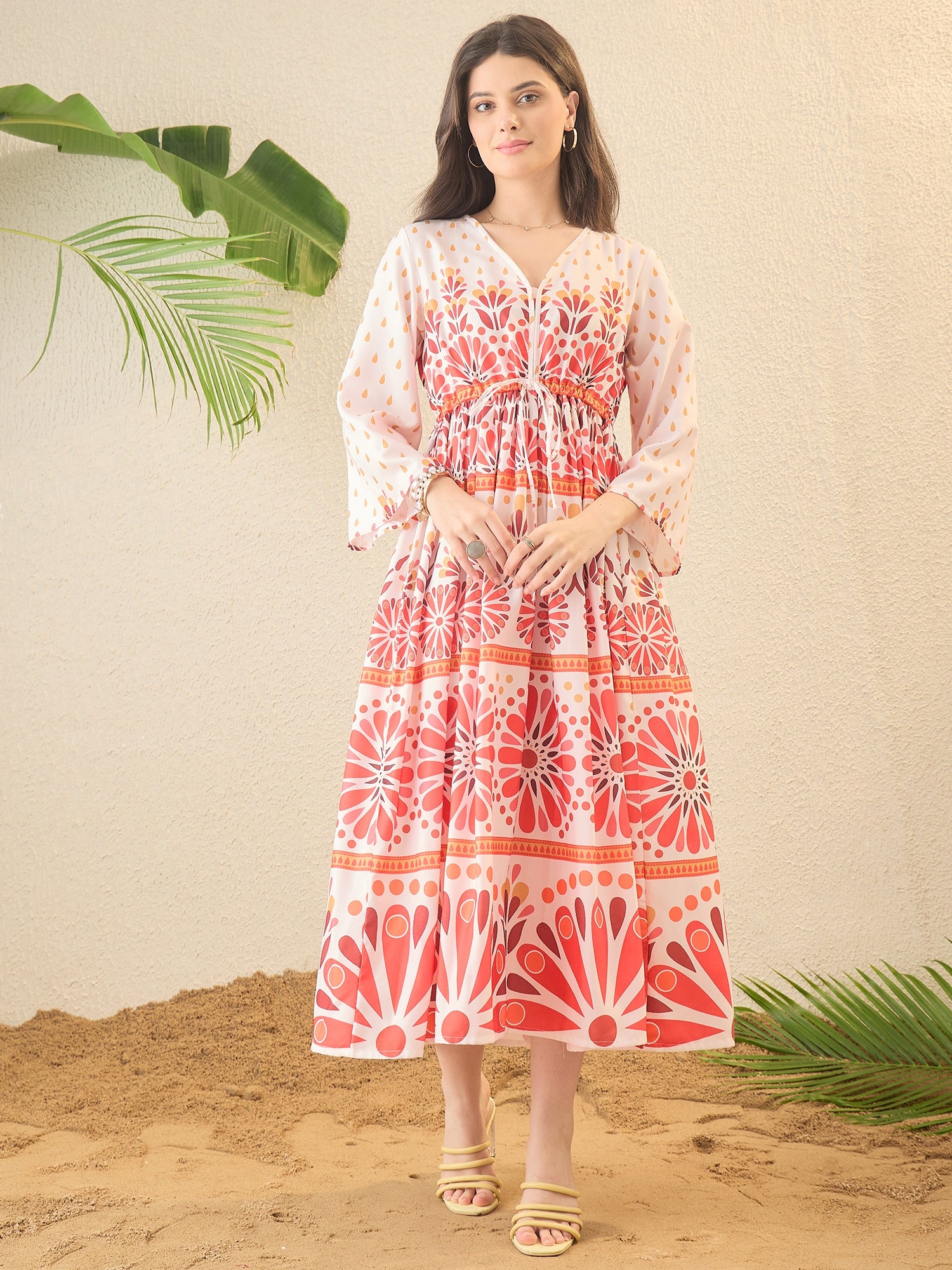 White Floral Print A-line Midi Dress