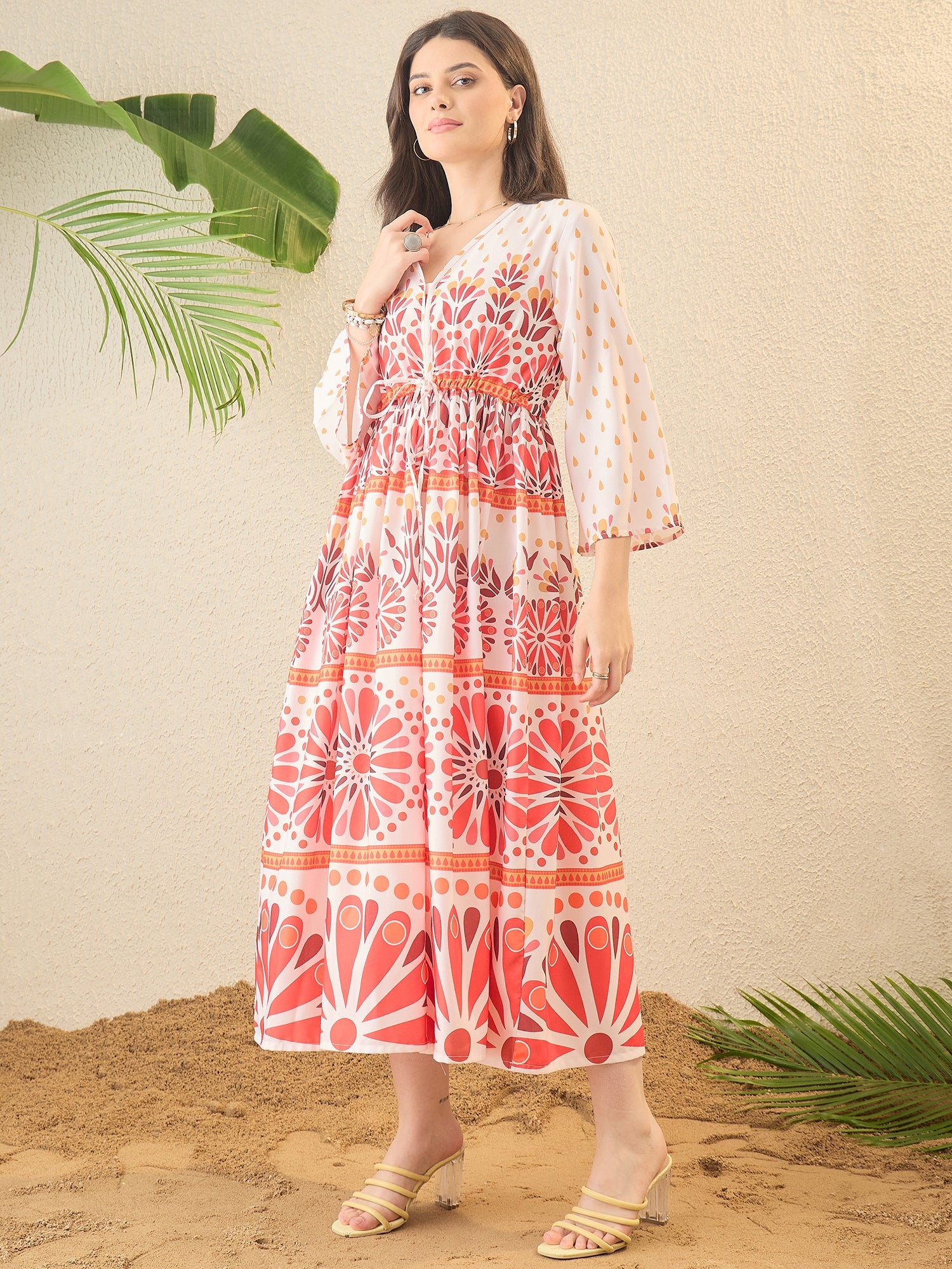 White Floral Print A-line Midi Dress