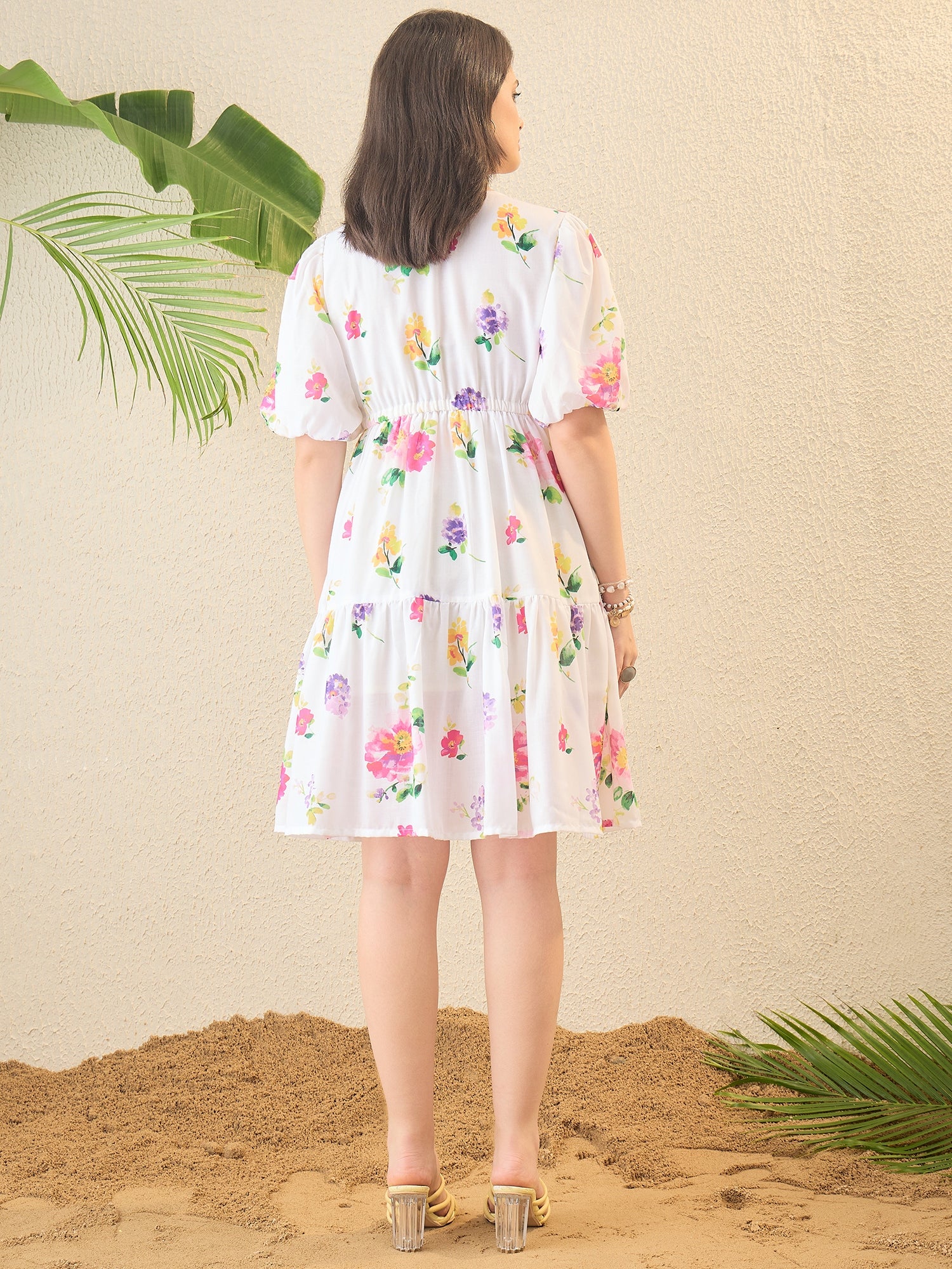 White Floral Printed Mini Flared Dress