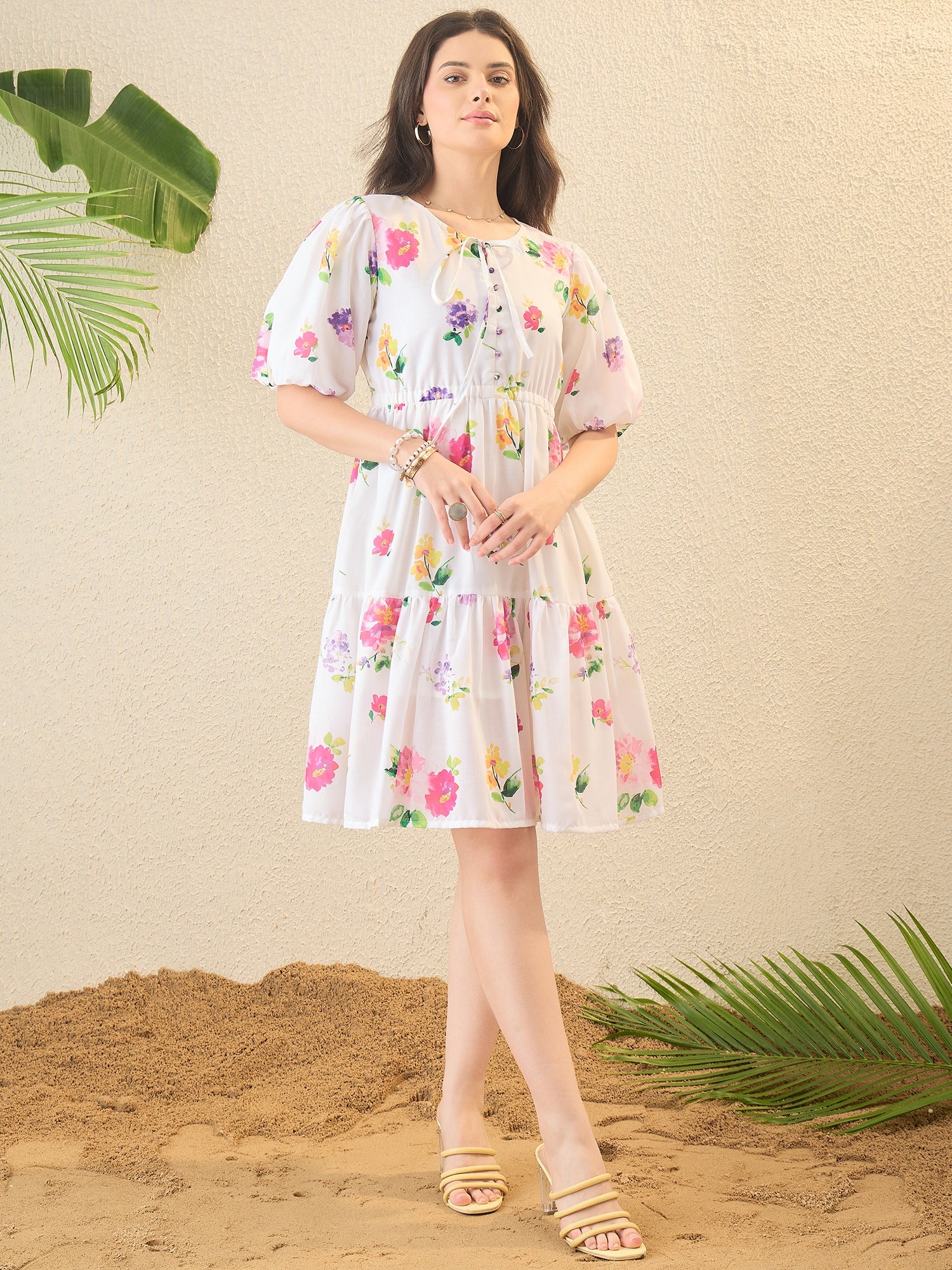 White Floral Printed Mini Flared Dress