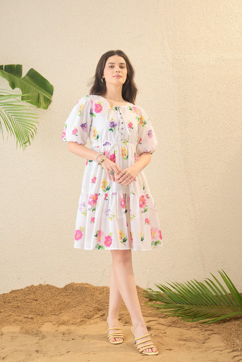 White Floral Print A-line Mini Dress