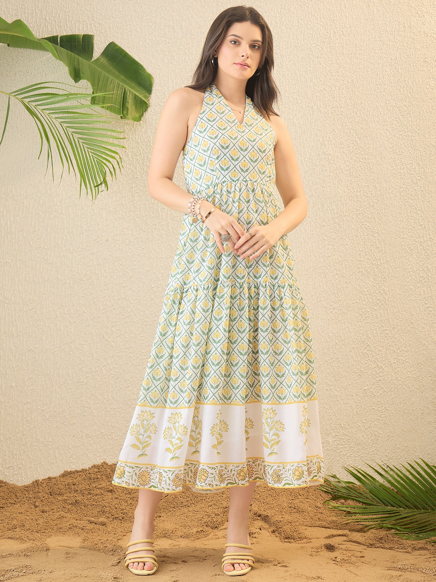 White Floral Printed Backless Midi Dress