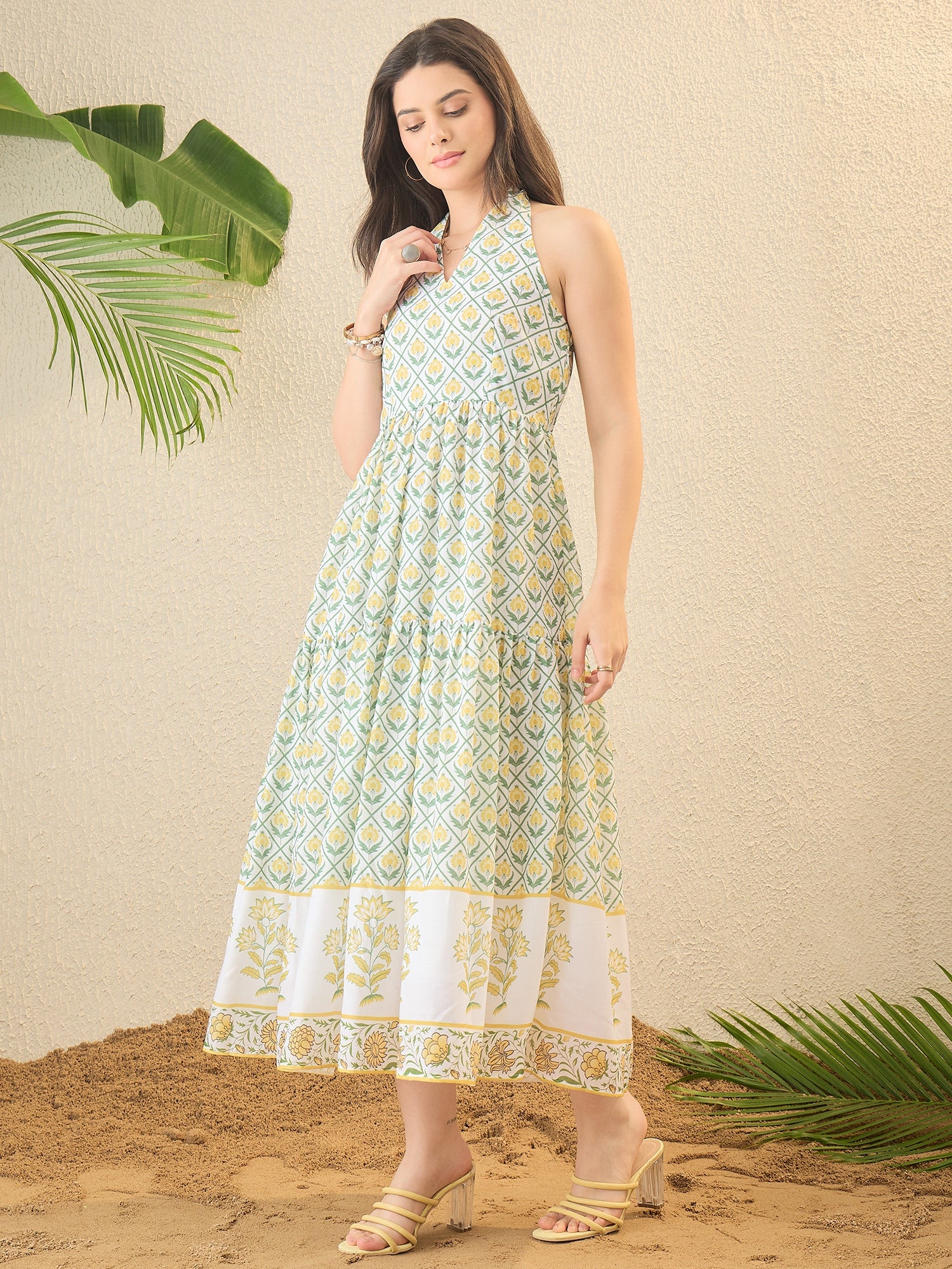White Floral Printed Backless Midi Dress