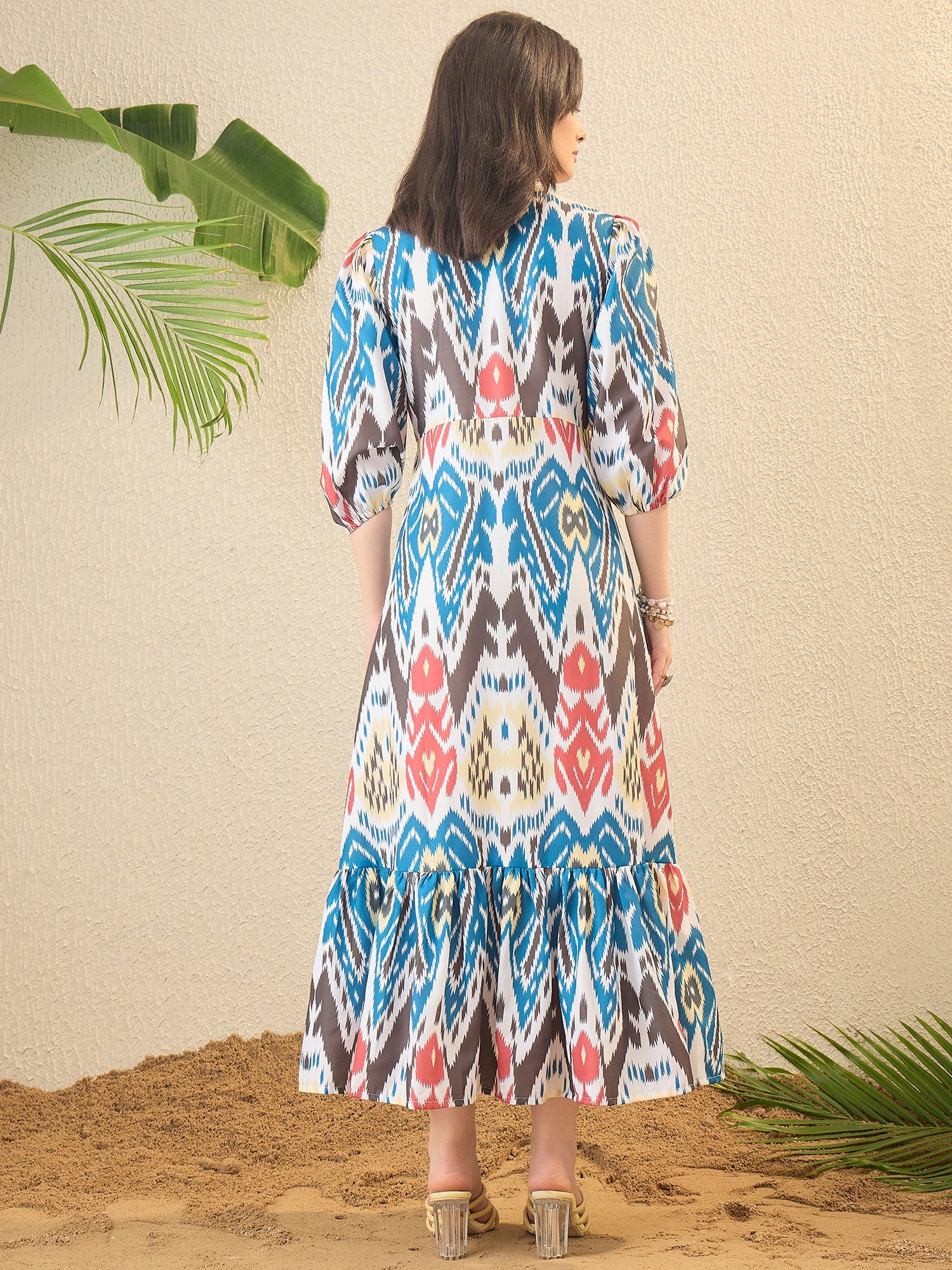 Multicoloured and Blue Ikat Printed Maxi Dress