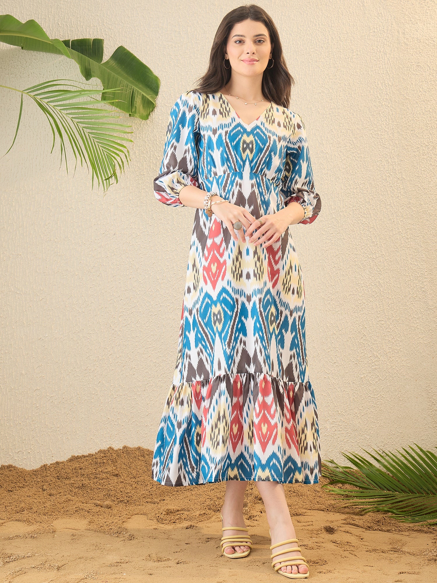 Multicoloured and Blue Ikat Printed Maxi Dress