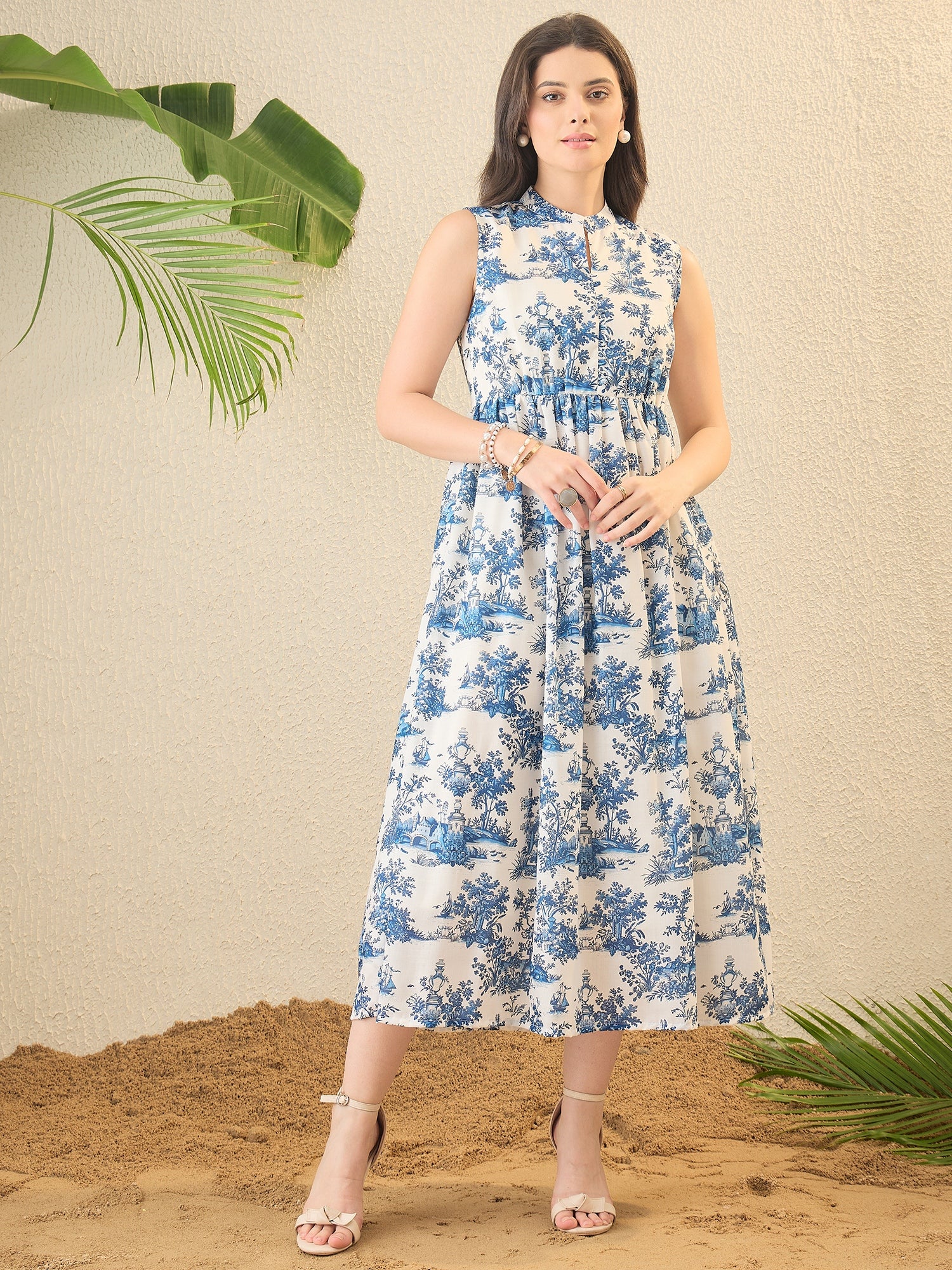 White and Blue Floral Printed A-line Dress