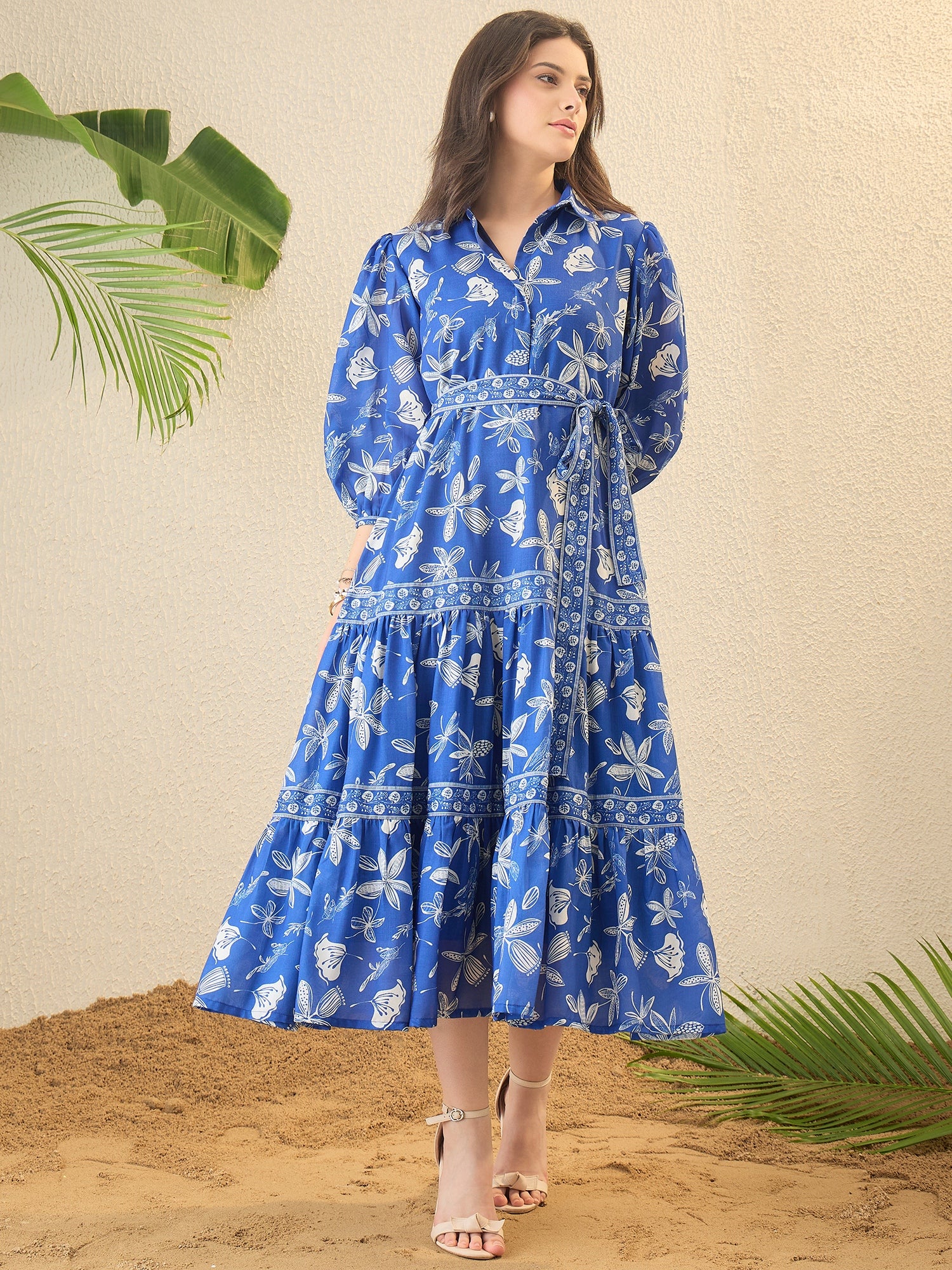 Blue Floral Printed Shirt Midi Dress