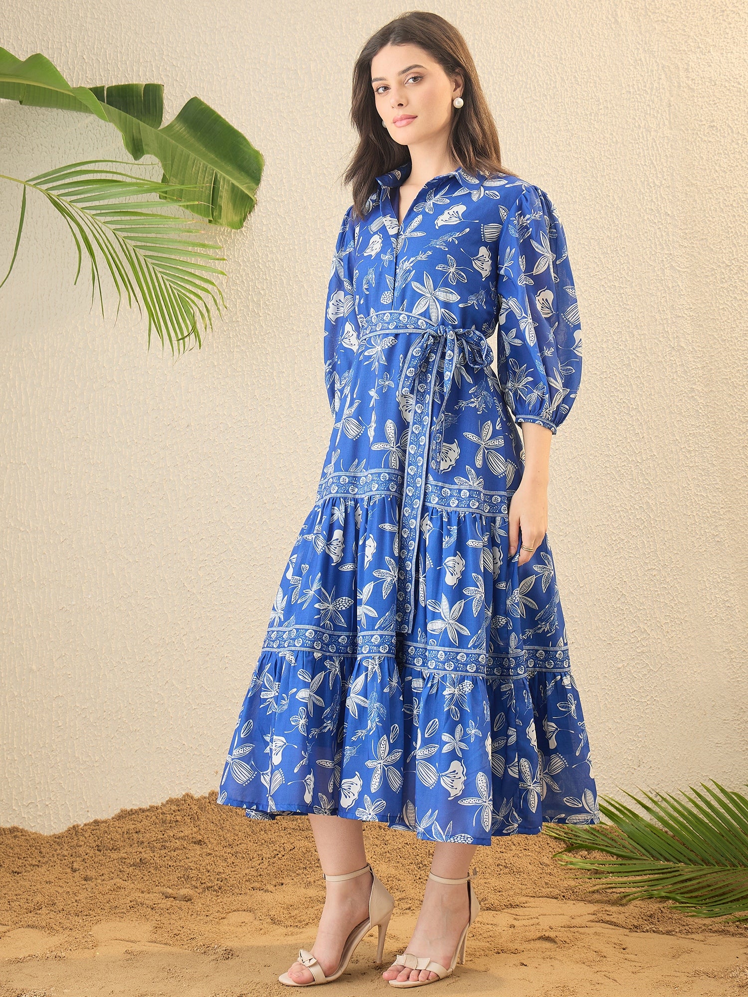 Blue Floral Printed Shirt Midi Dress
