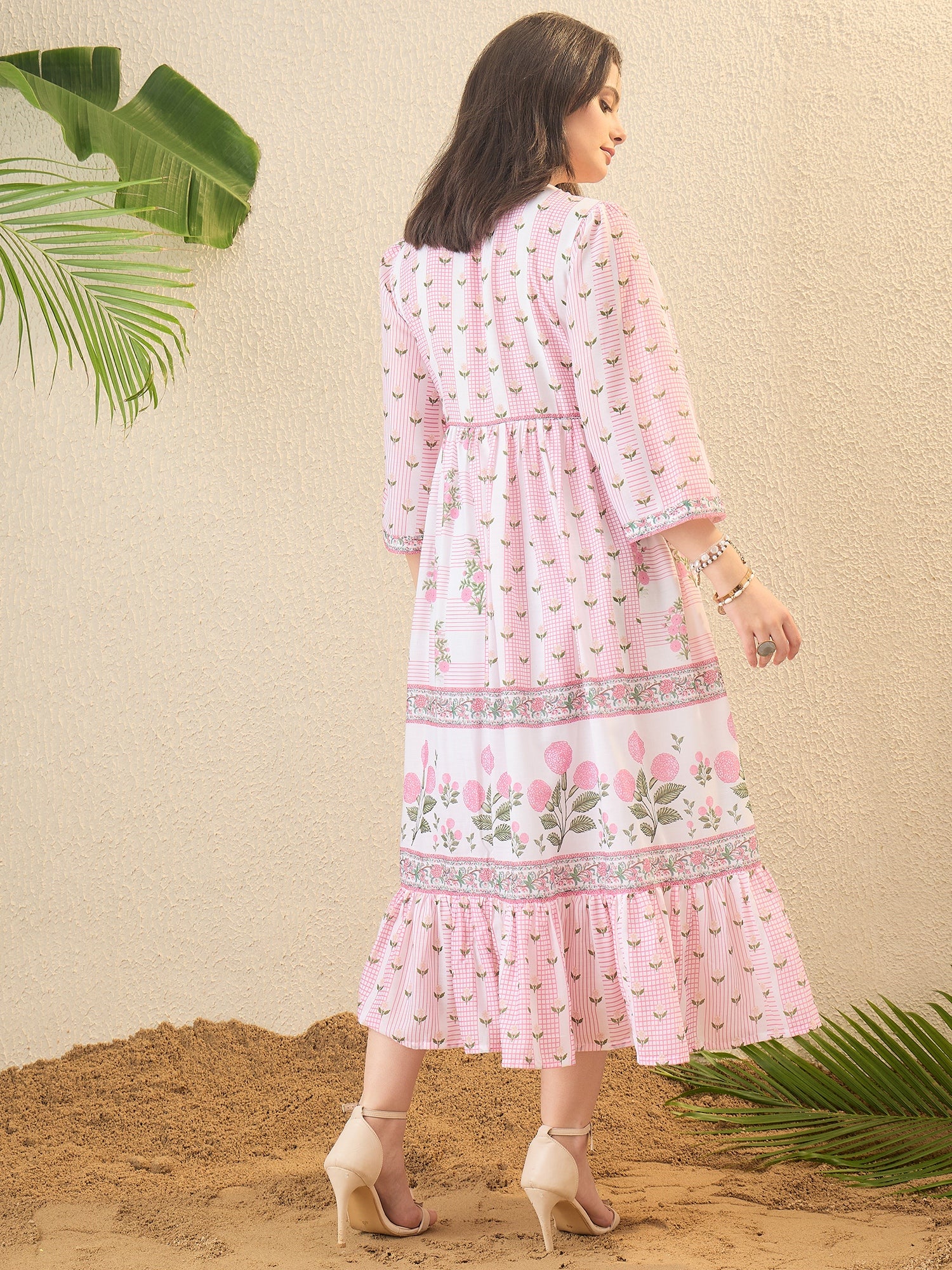 Pink Floral Printed Flared Midi Dress