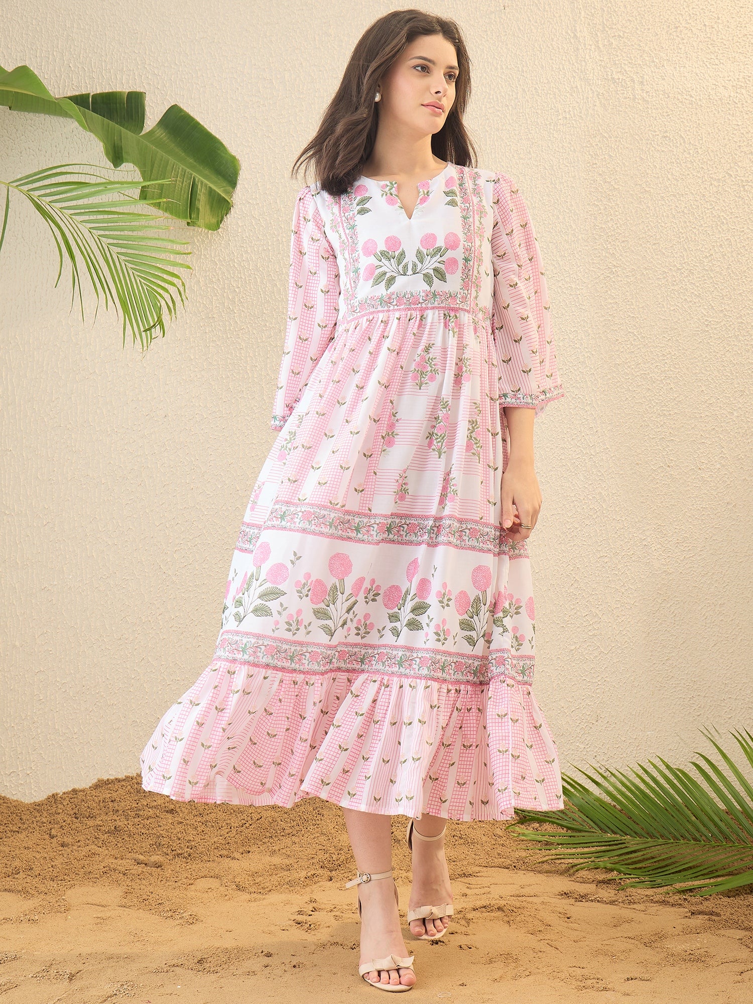 Pink Floral Printed Flared Midi Dress