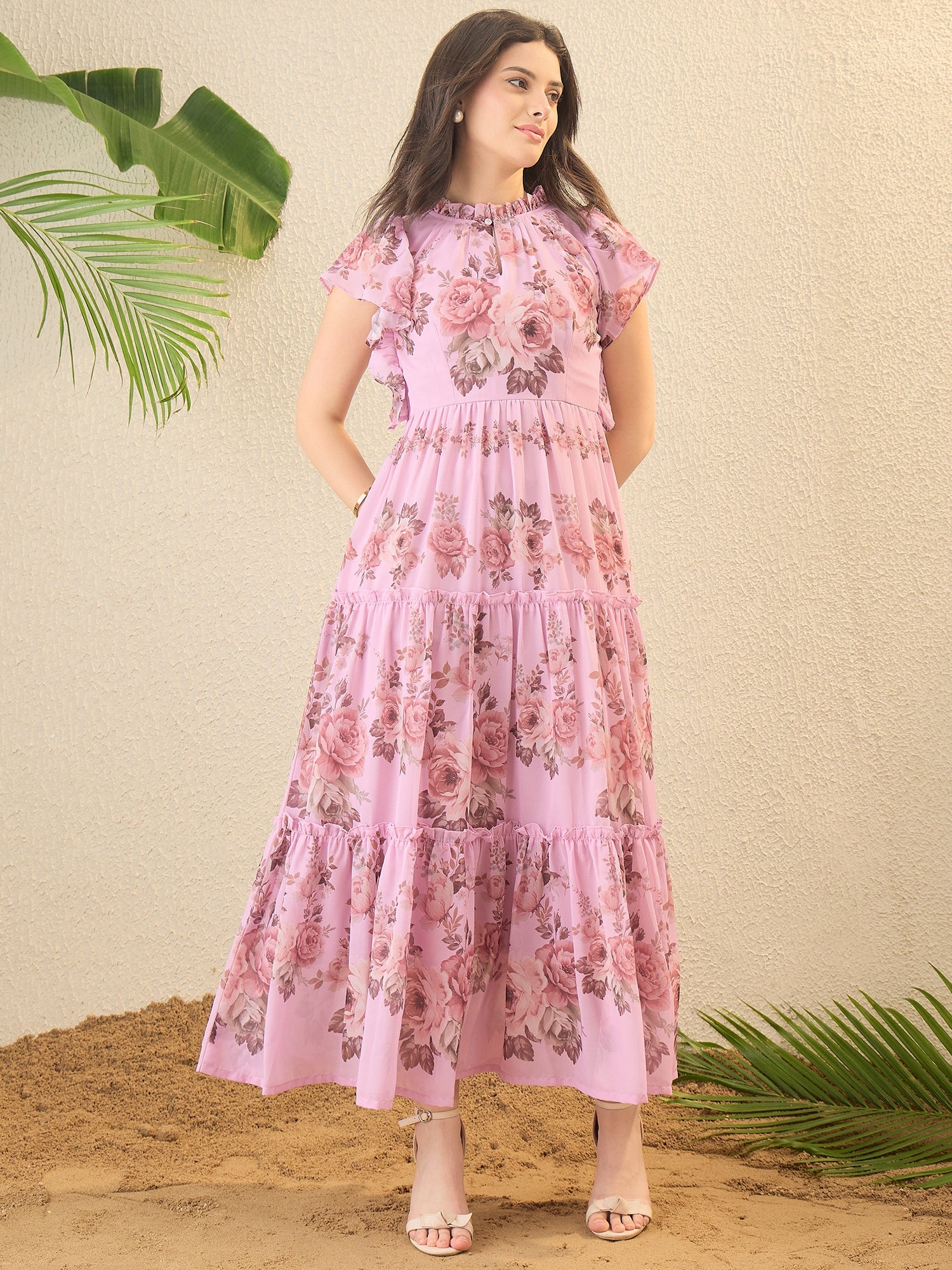 Pink Floral Printed A-line Midi dress