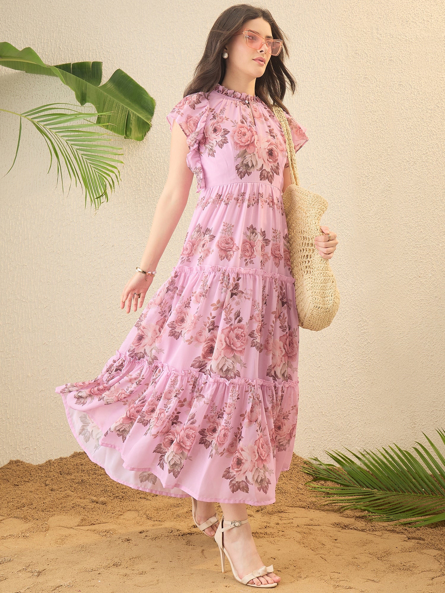 Pink Floral Printed A-line Midi dress