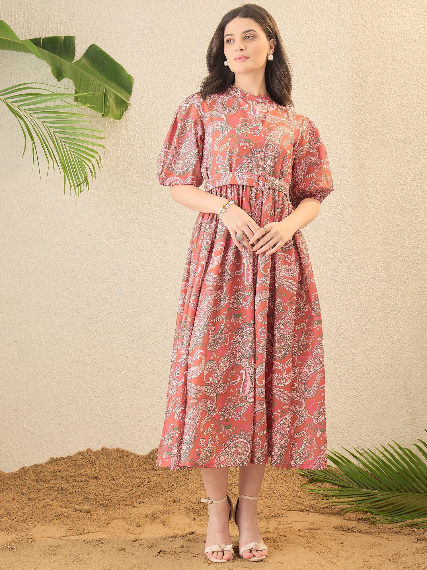 Peach Coloured Paisley Print Fit & Flare Dress