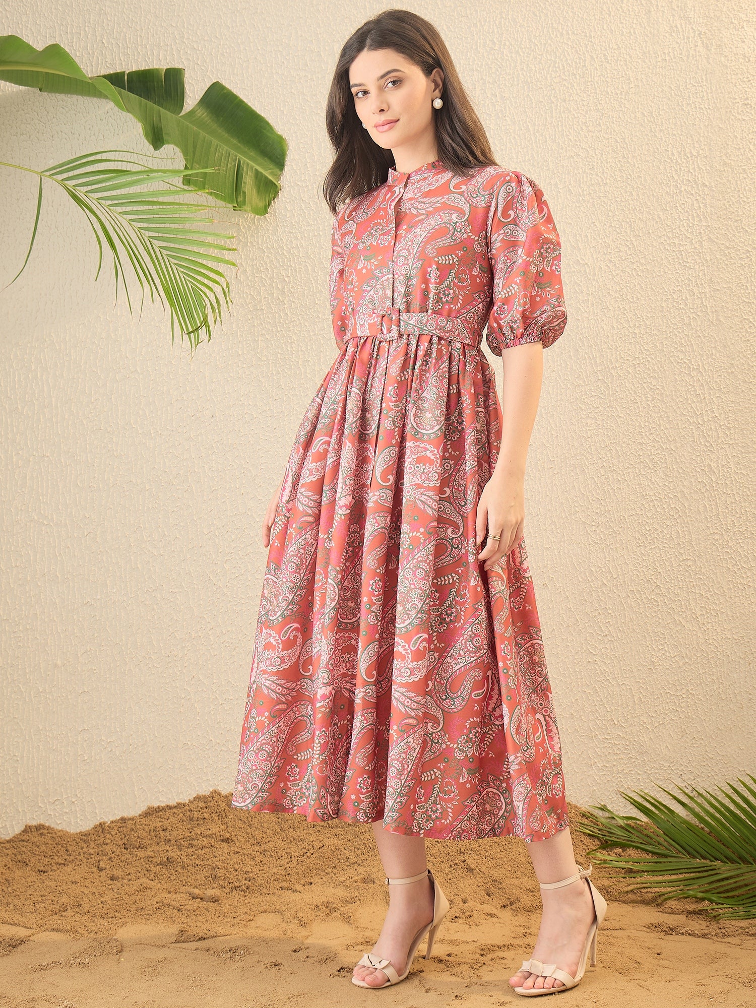 Peach Coloured Paisley Print Fit & Flare Dress