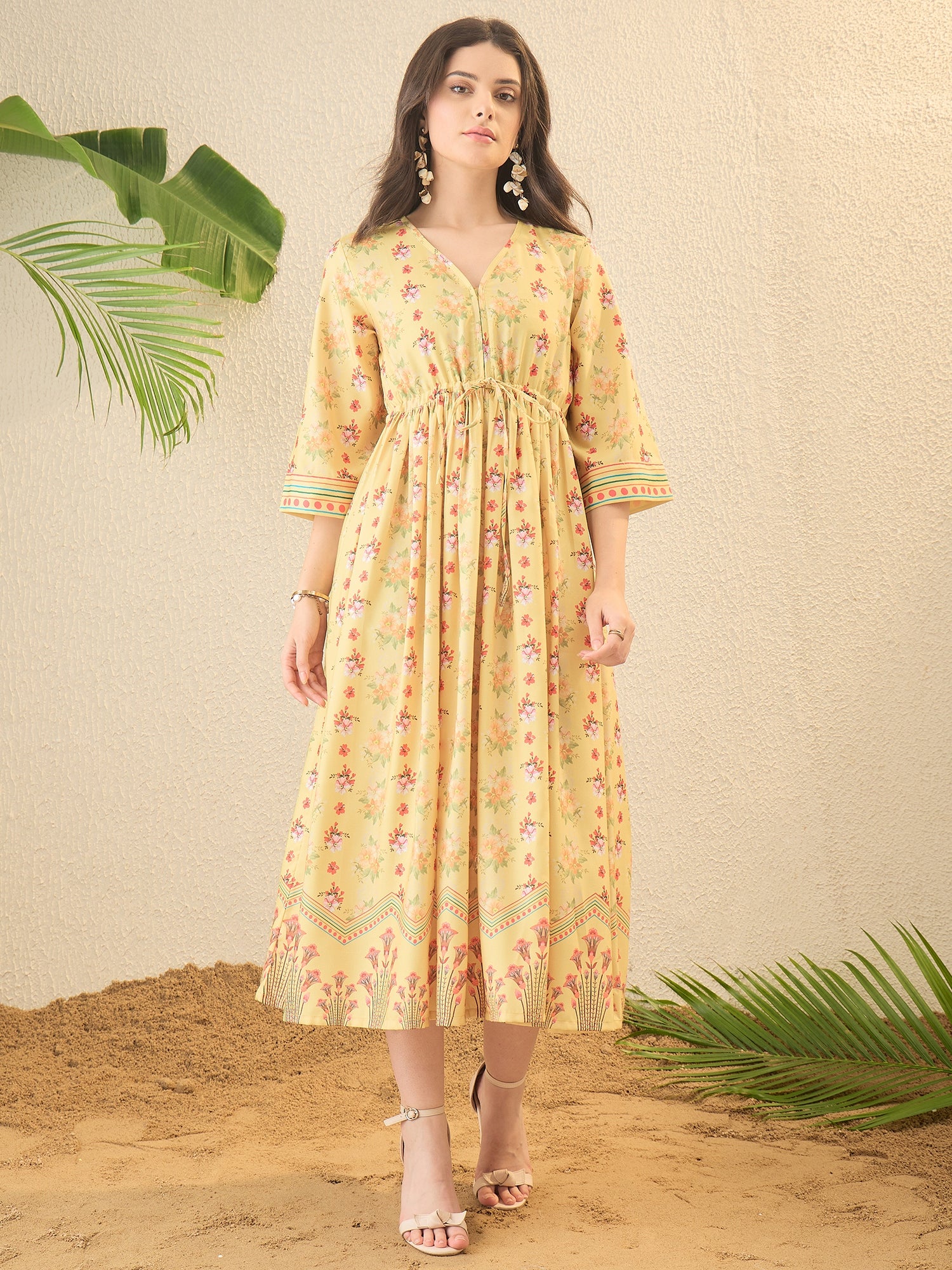 Yellow Floral Printed Fit & Flare Midi Dress