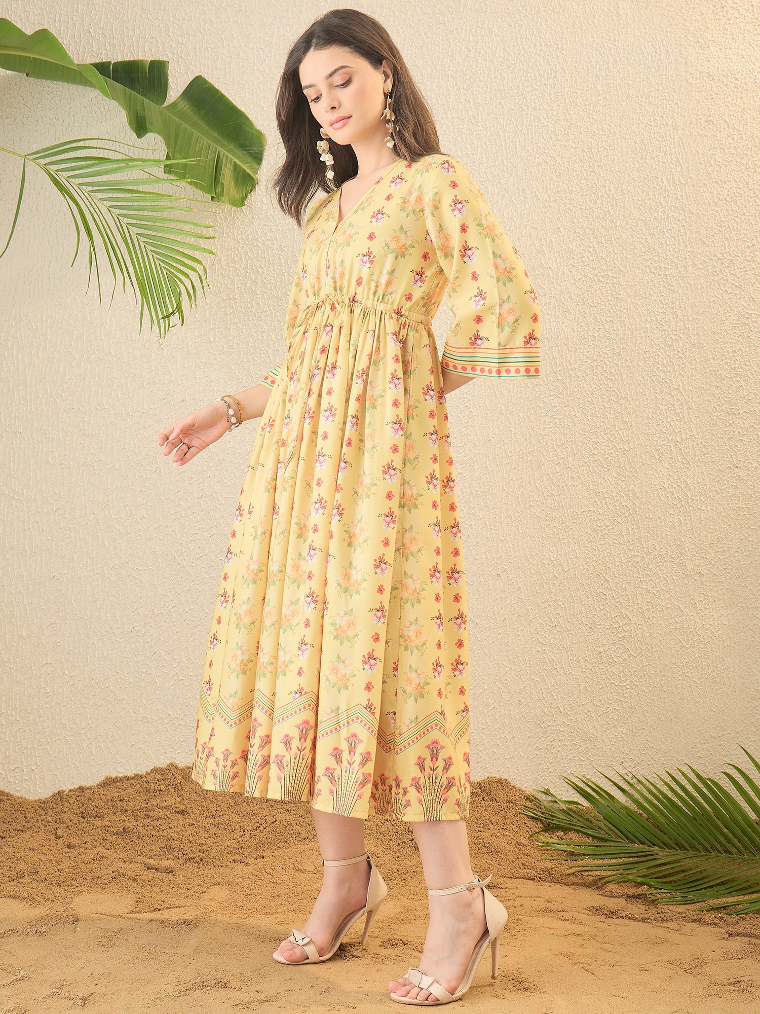 Yellow Floral Printed Fit & Flare Midi Dress