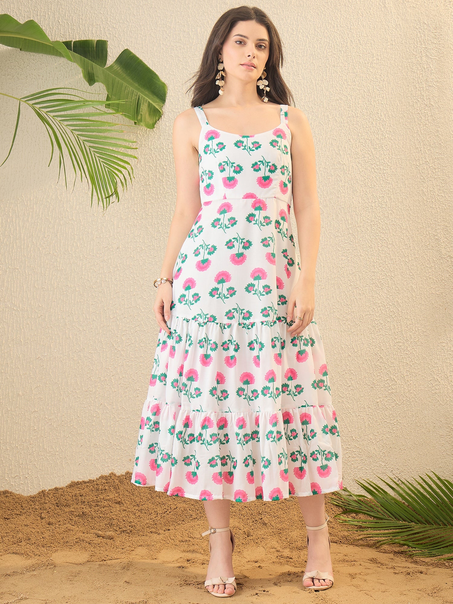 White Floral Printed  A-line Dress