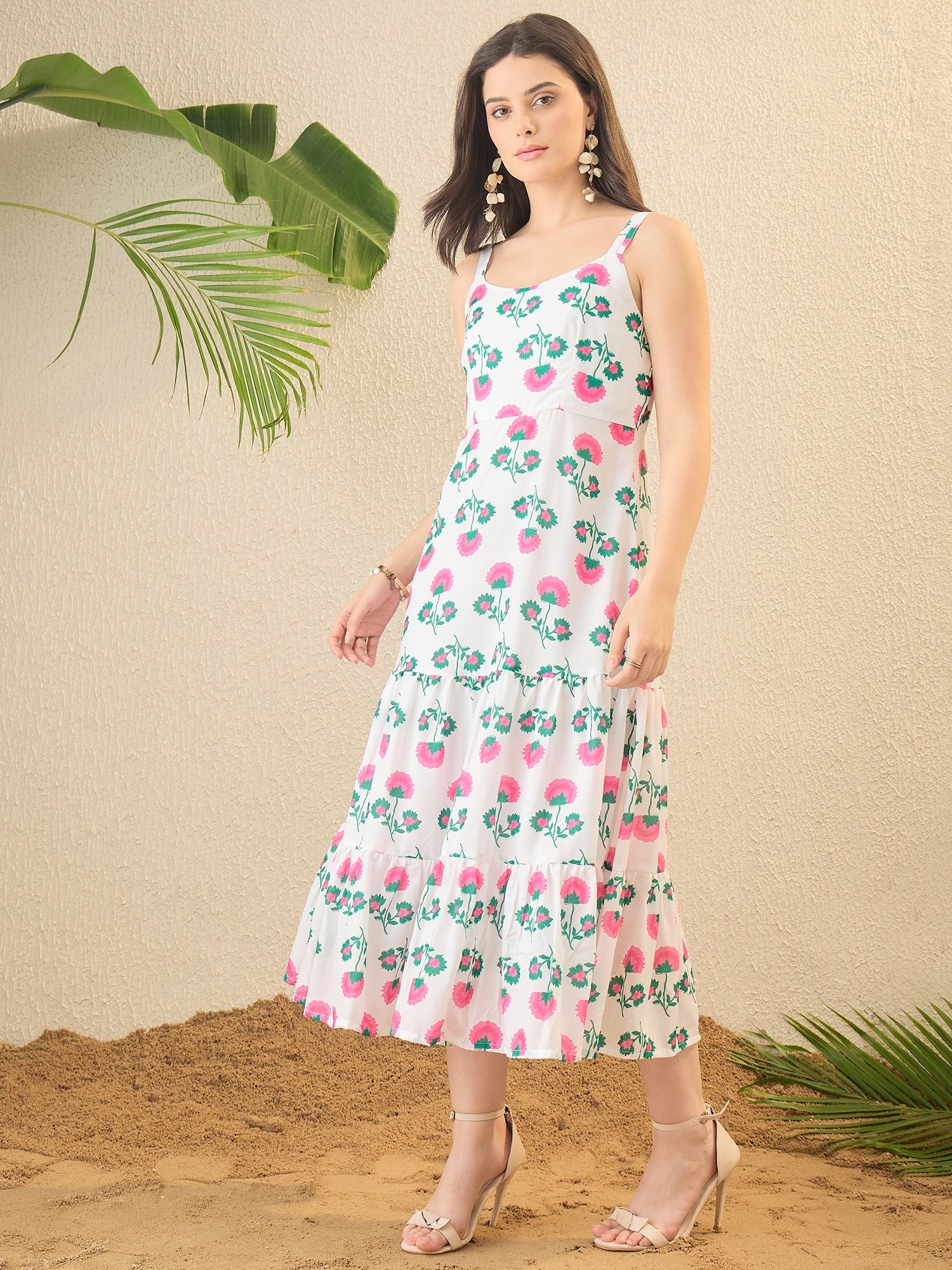 White Floral Printed  A-line Dress