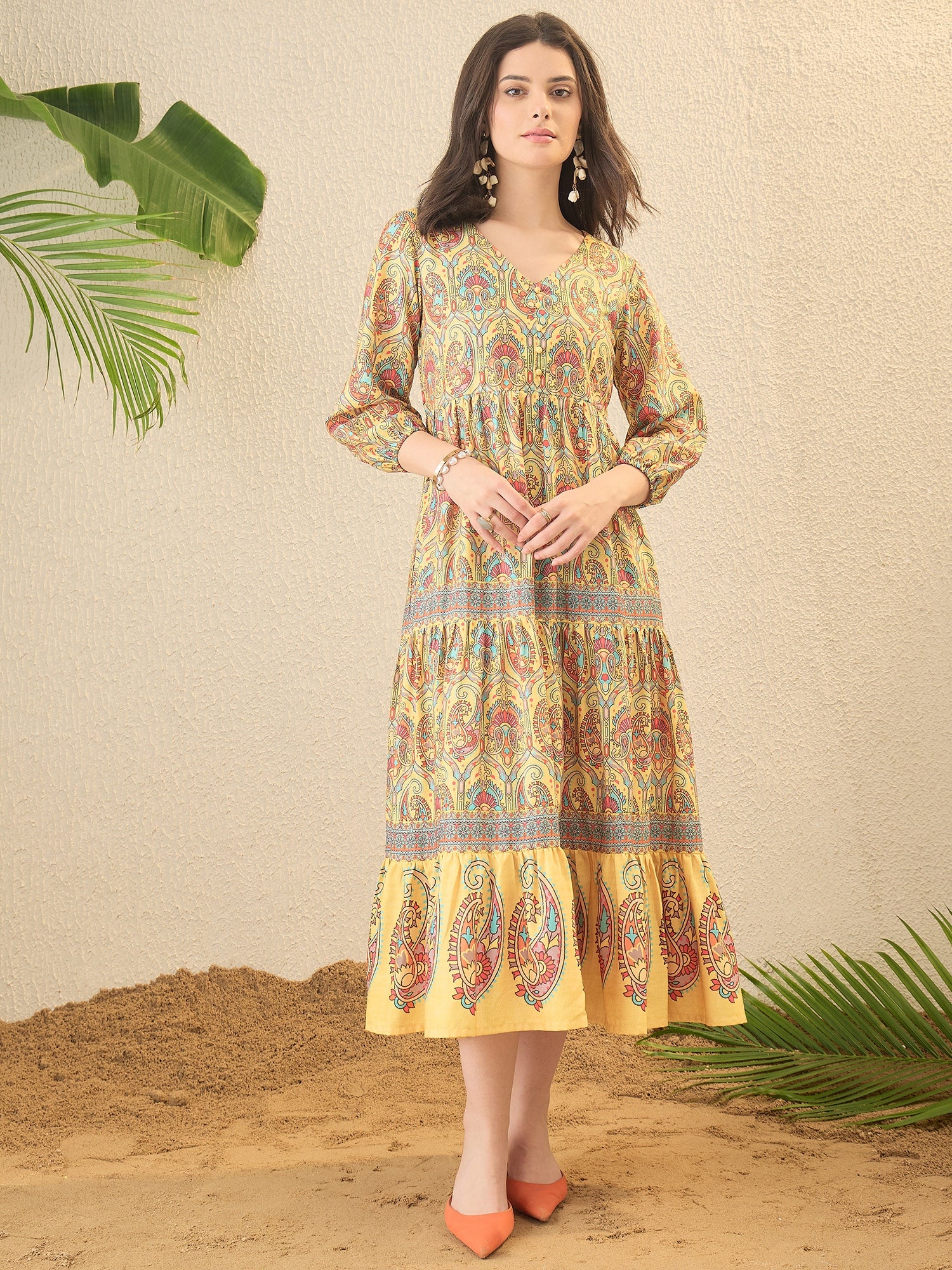 Yellow Paisley Printed Fit & Flare Dress