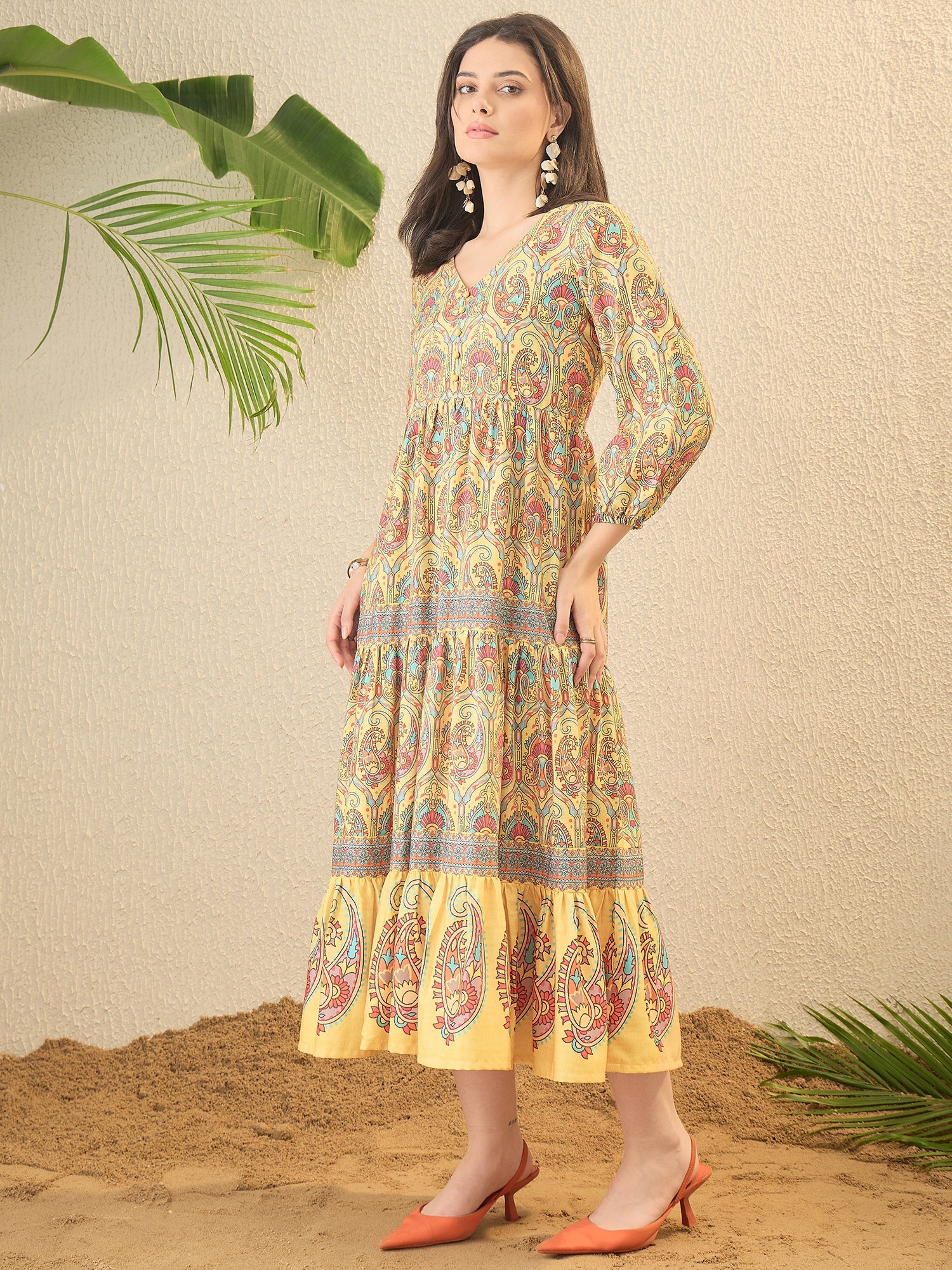 Yellow Paisley Printed Fit & Flare Dress