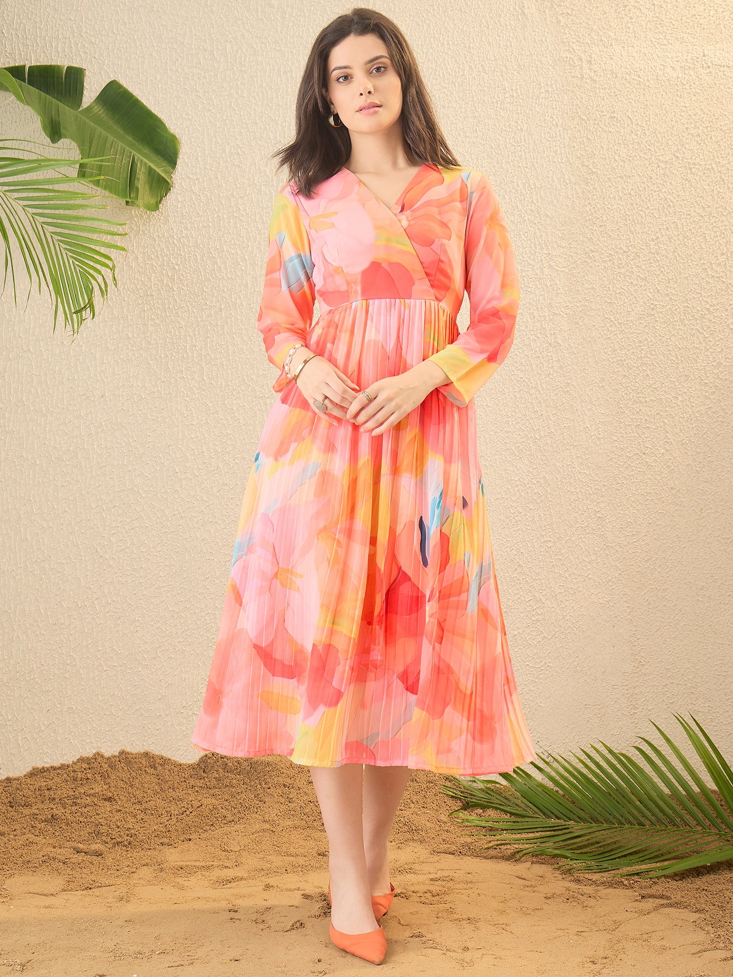 Orange Floral Printed Crushed Flared Dress