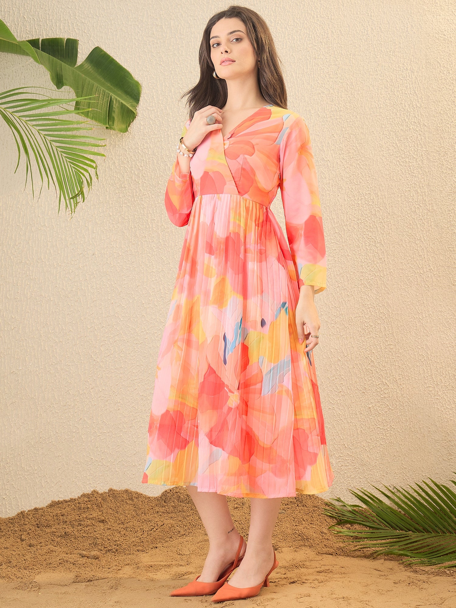 Orange Floral Printed Crushed Flared Dress