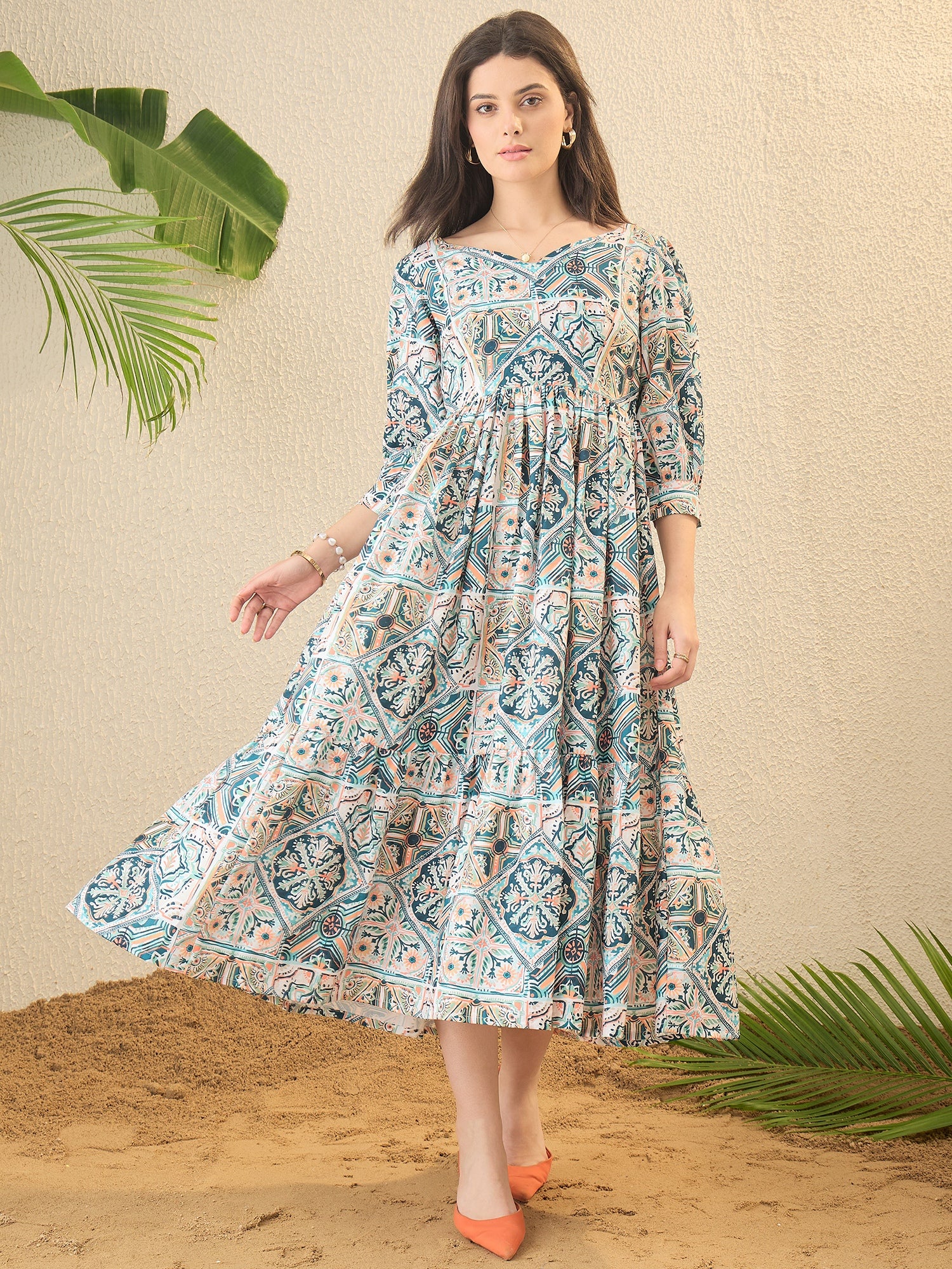 Multicoloured Geometric Printed Fit & Flared Midi Dress