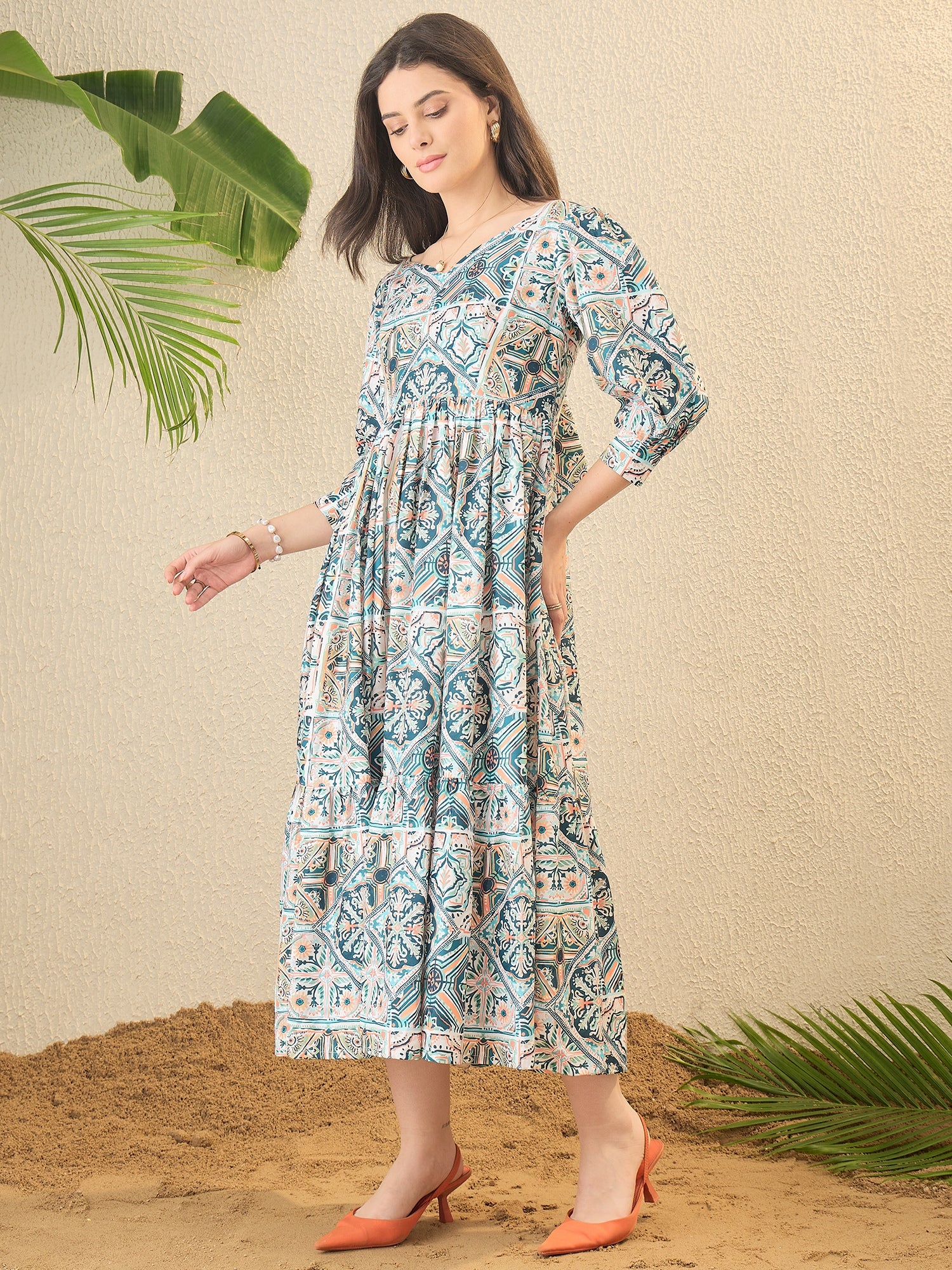 Multicoloured Geometric Printed Fit & Flared Midi Dress