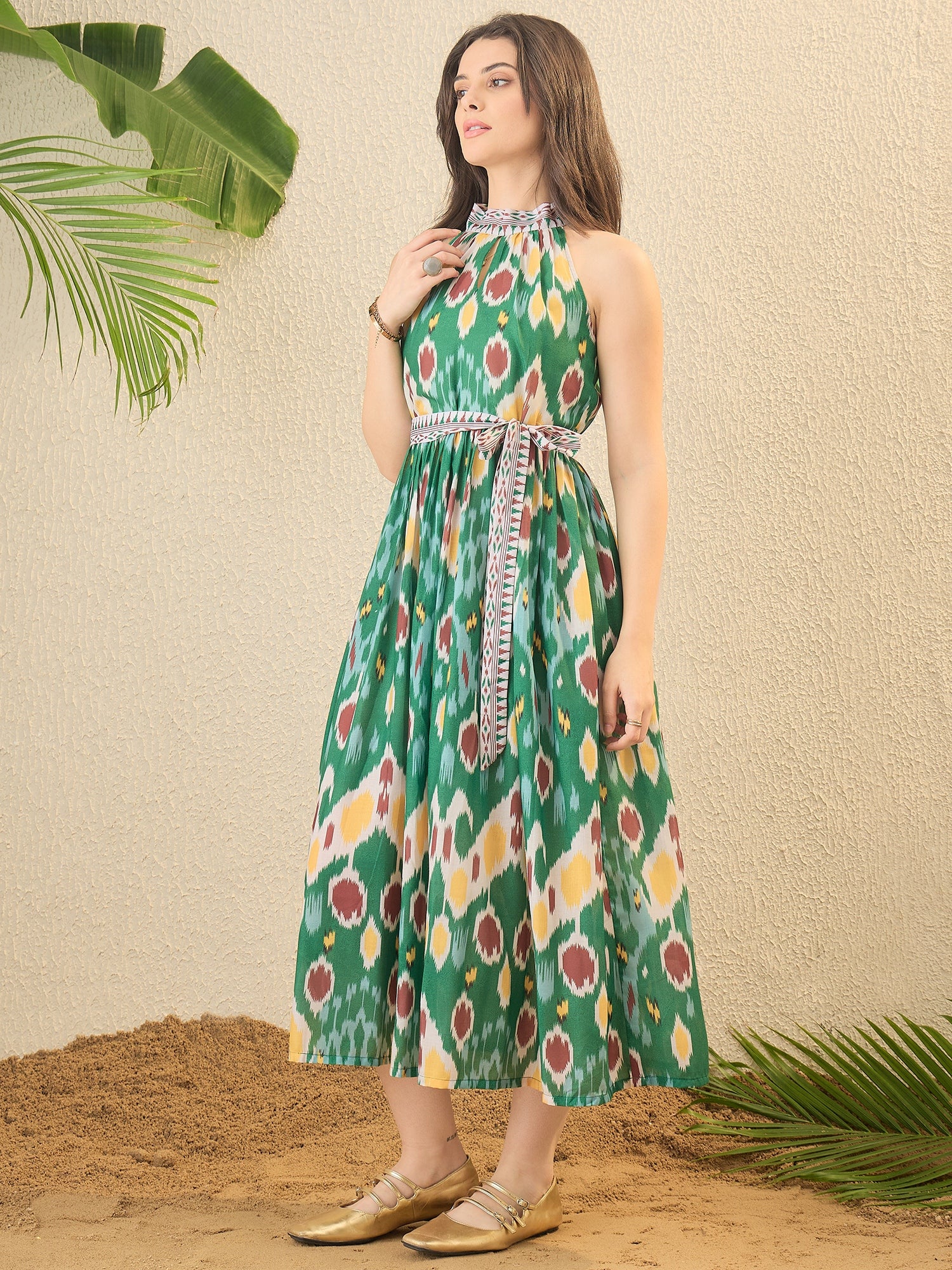 Green Ikat Printed Fit & Flare Dress