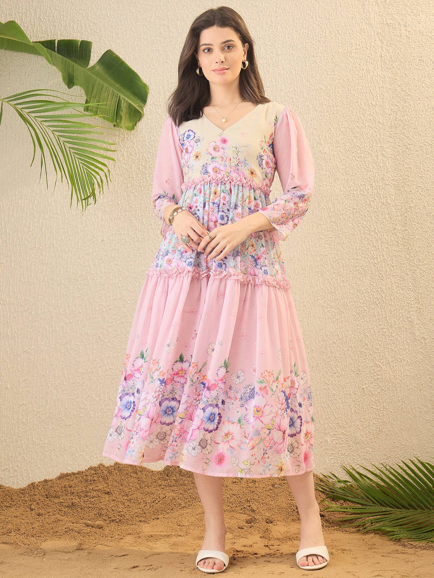 Pink Floral Printed Fit & Flare Midi dress