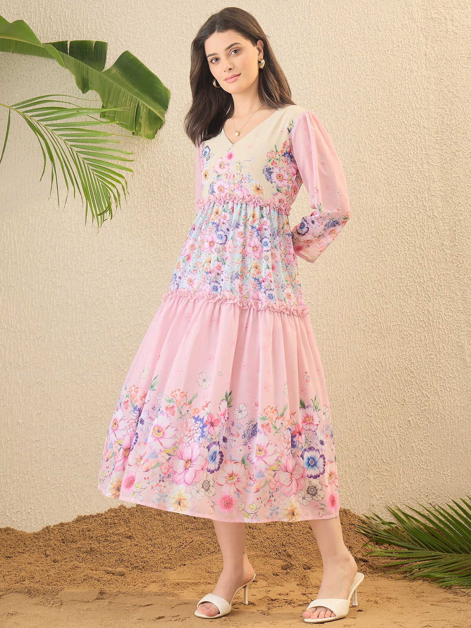 Pink Floral Printed Fit & Flare Midi dress