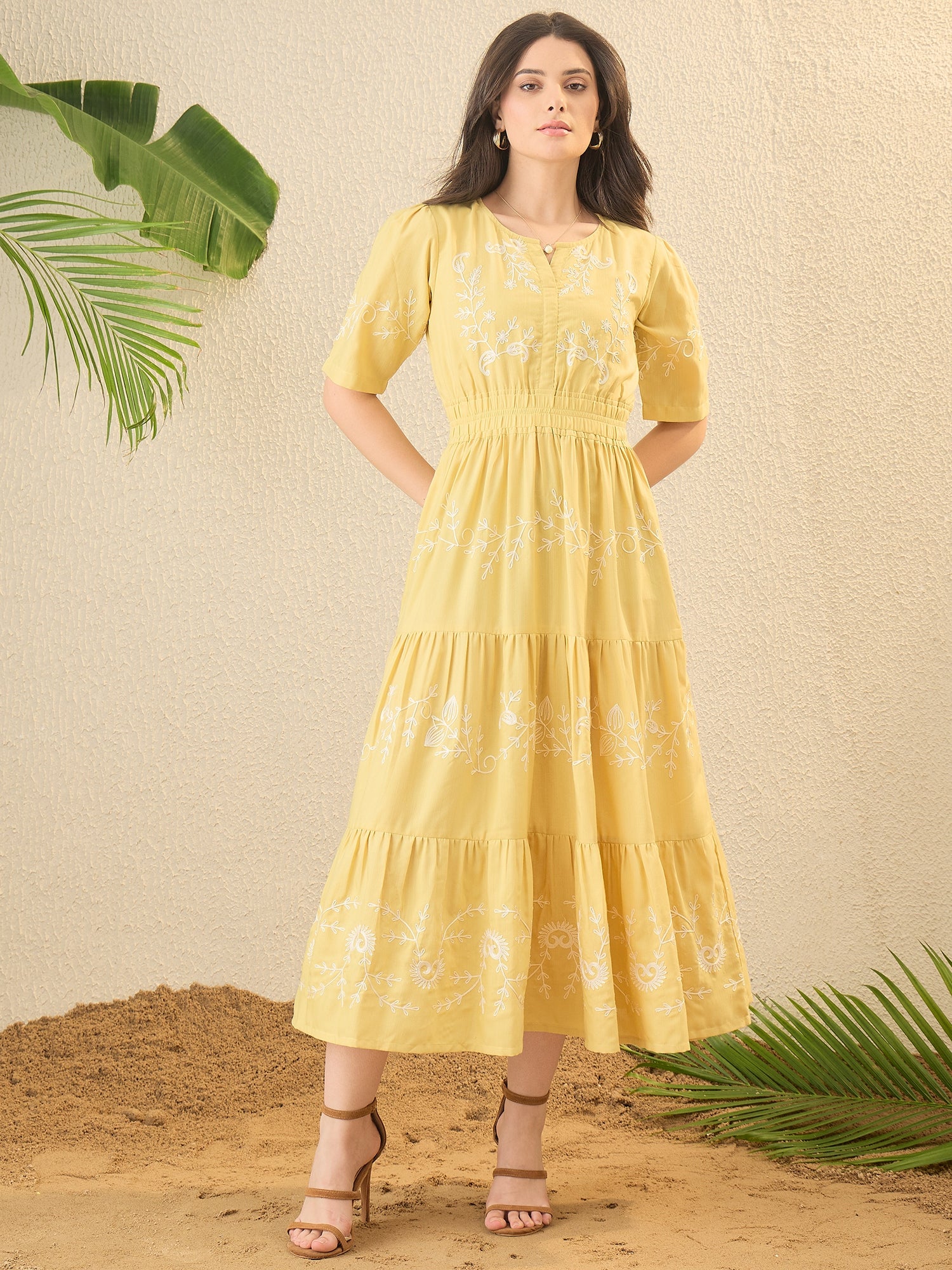 Yellow Self Design Embroidered Fit & Flare Dress