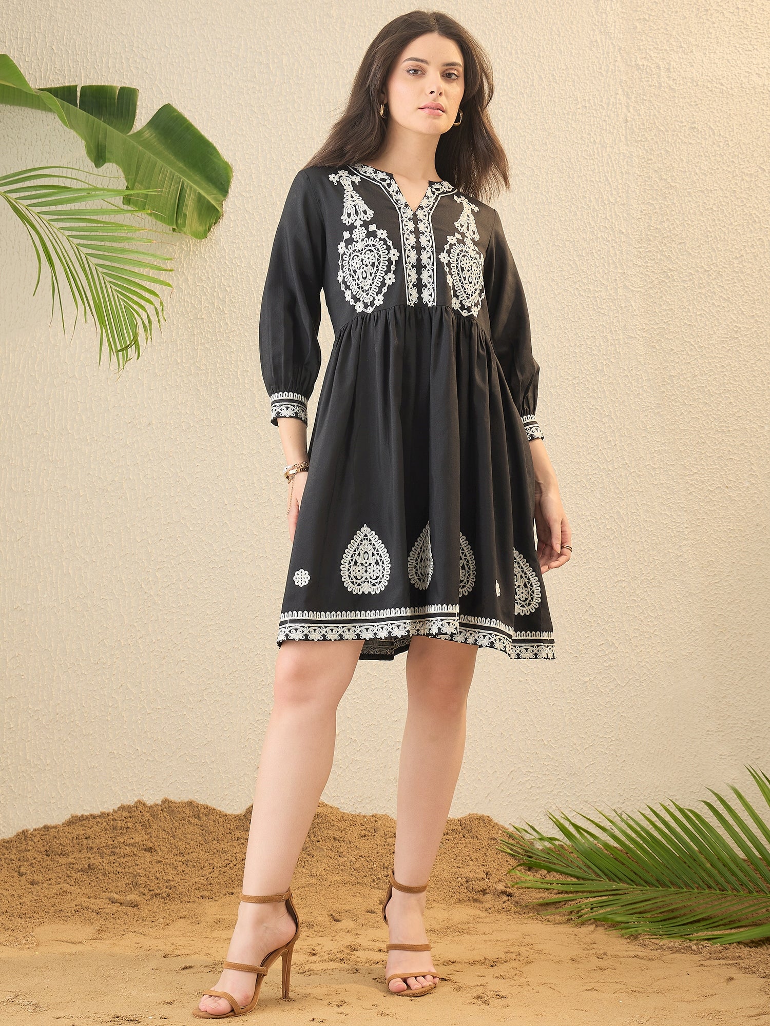 Black Embellished Embroidered Fit & Flare Mini Dress