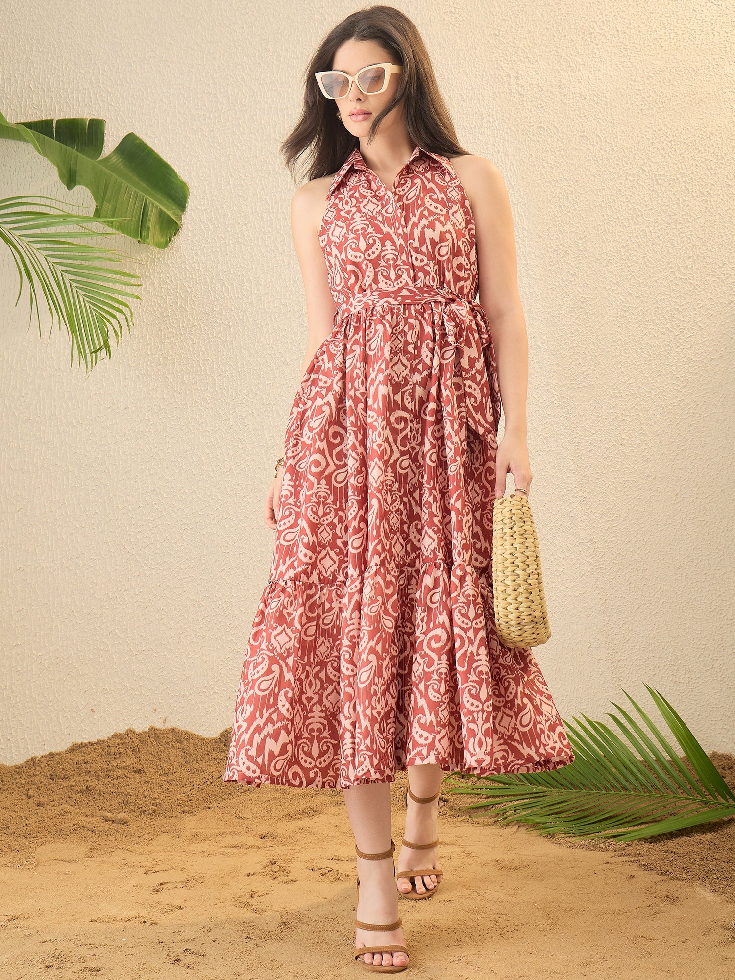 Brown Abstract Printed fit & Flared Midi Dress