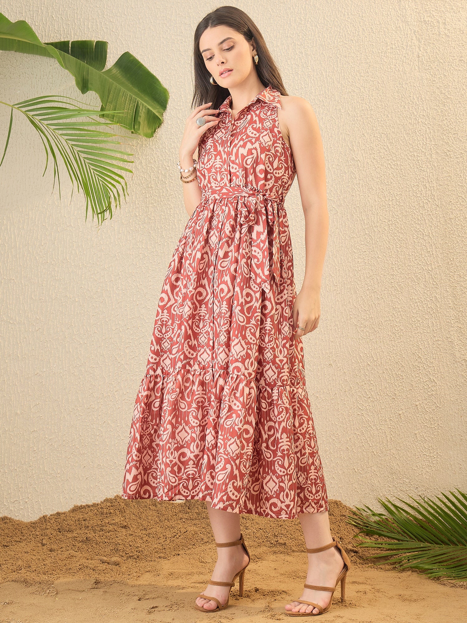 Brown Abstract Printed fit & Flared Midi Dress