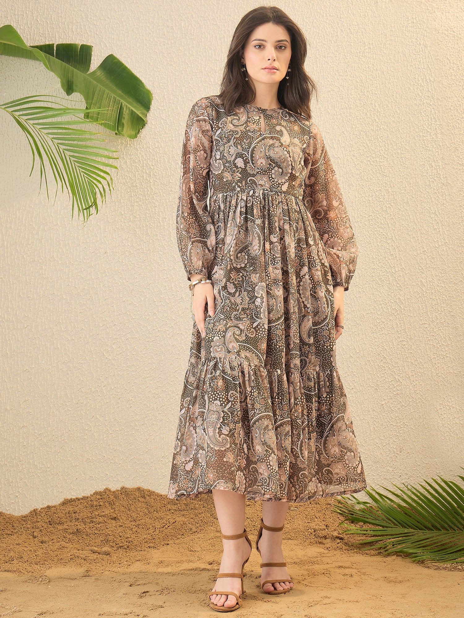 Brown Paisley Printed A-line Midi Dress