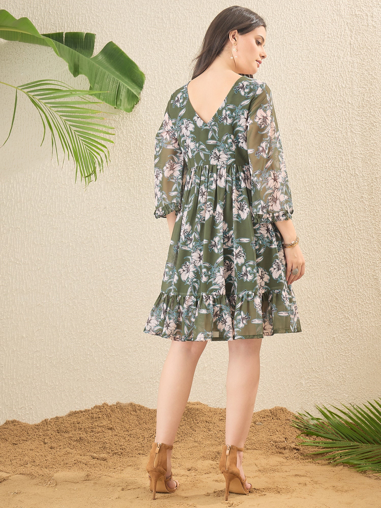 Olive Green and olive Green Floral print Fit & Flare Dress