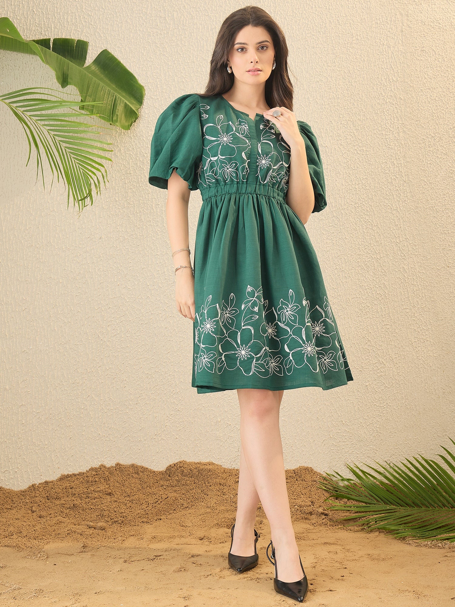 Green Floral Embroidered Fit & Flare Dress