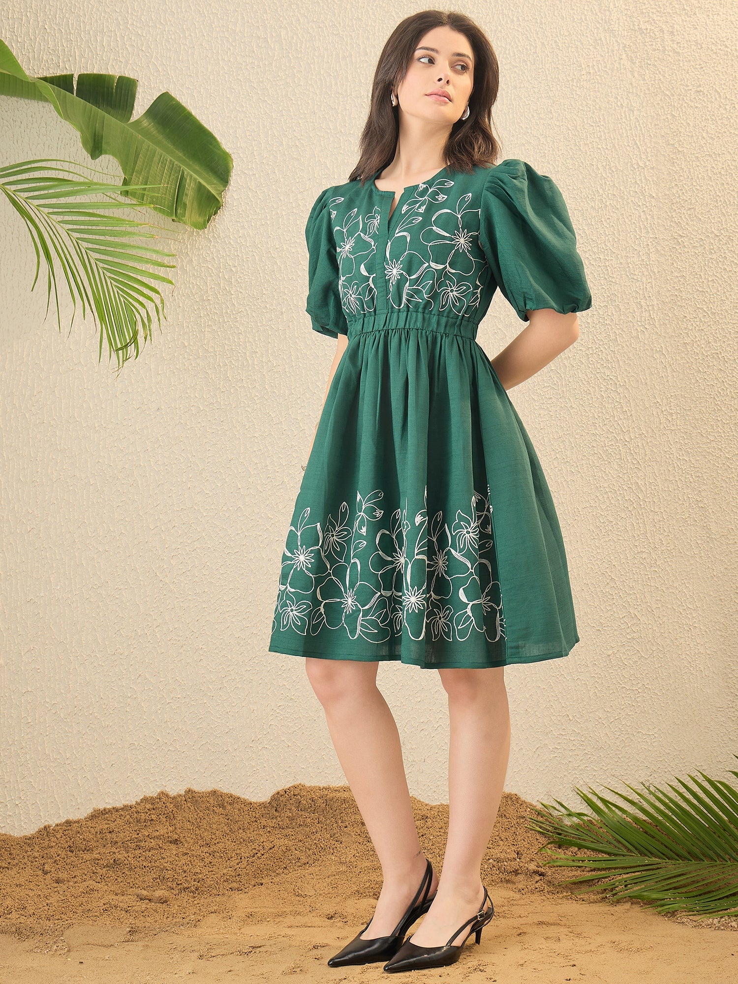 Green Floral Embroidered Fit & Flare Dress