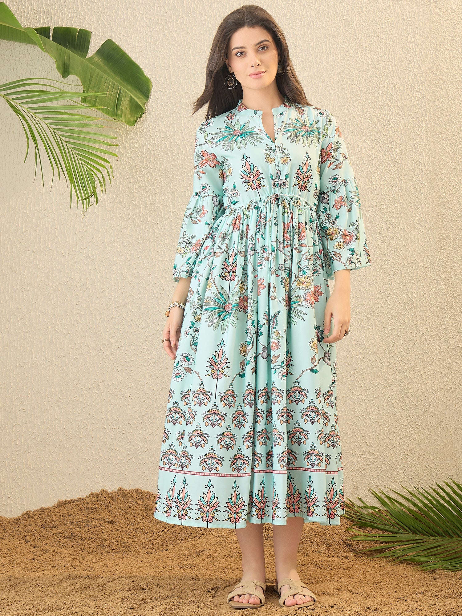 Sea Green Floral Printed Fit & Flare Midi Dress