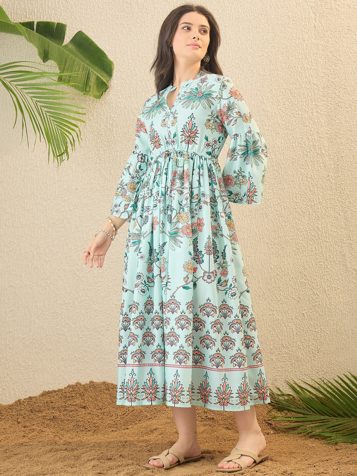 Sea Green Floral Printed Fit & Flare Midi Dress