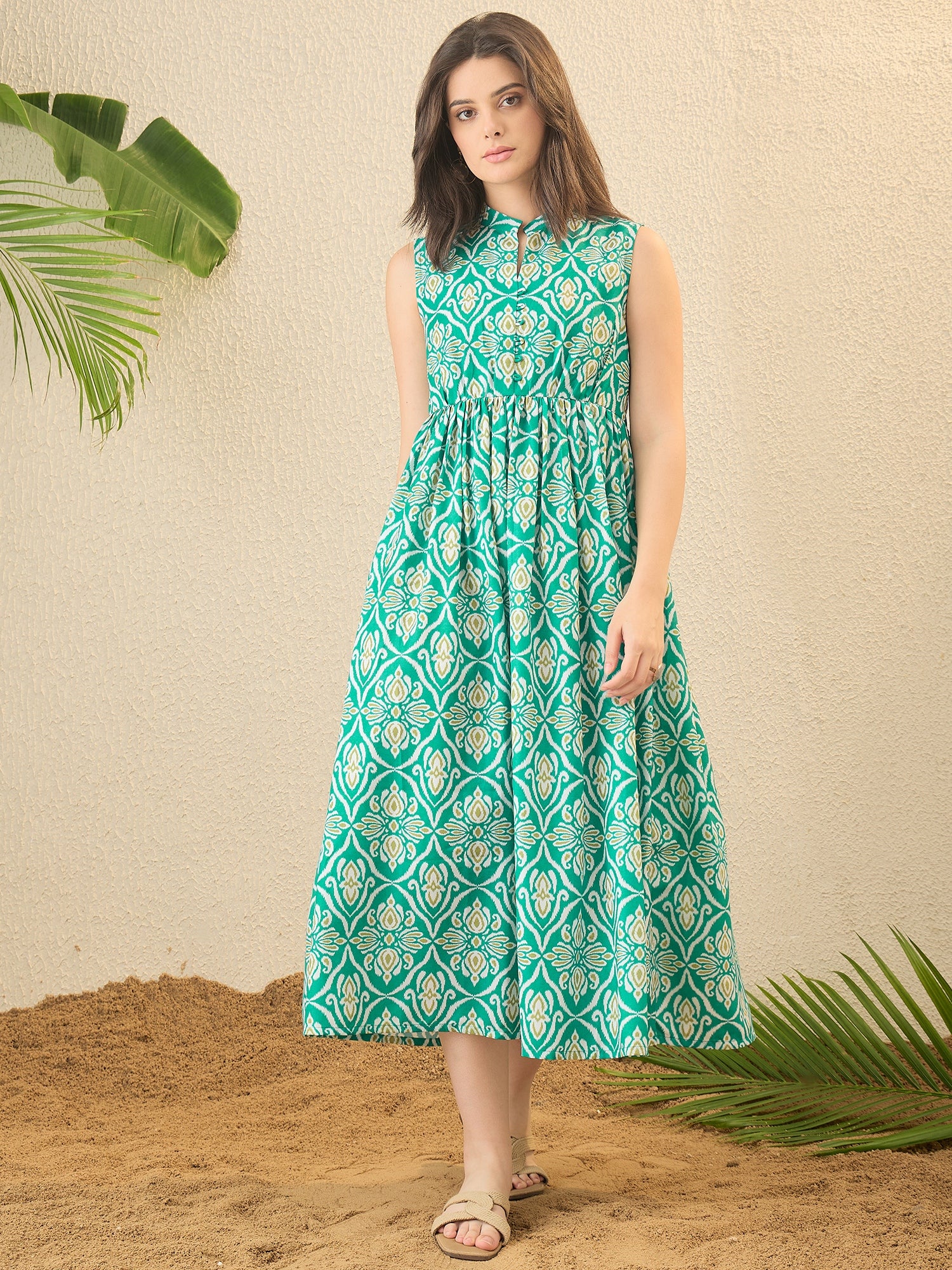 Sea Green Ikat Printed Fit & Flare Dress