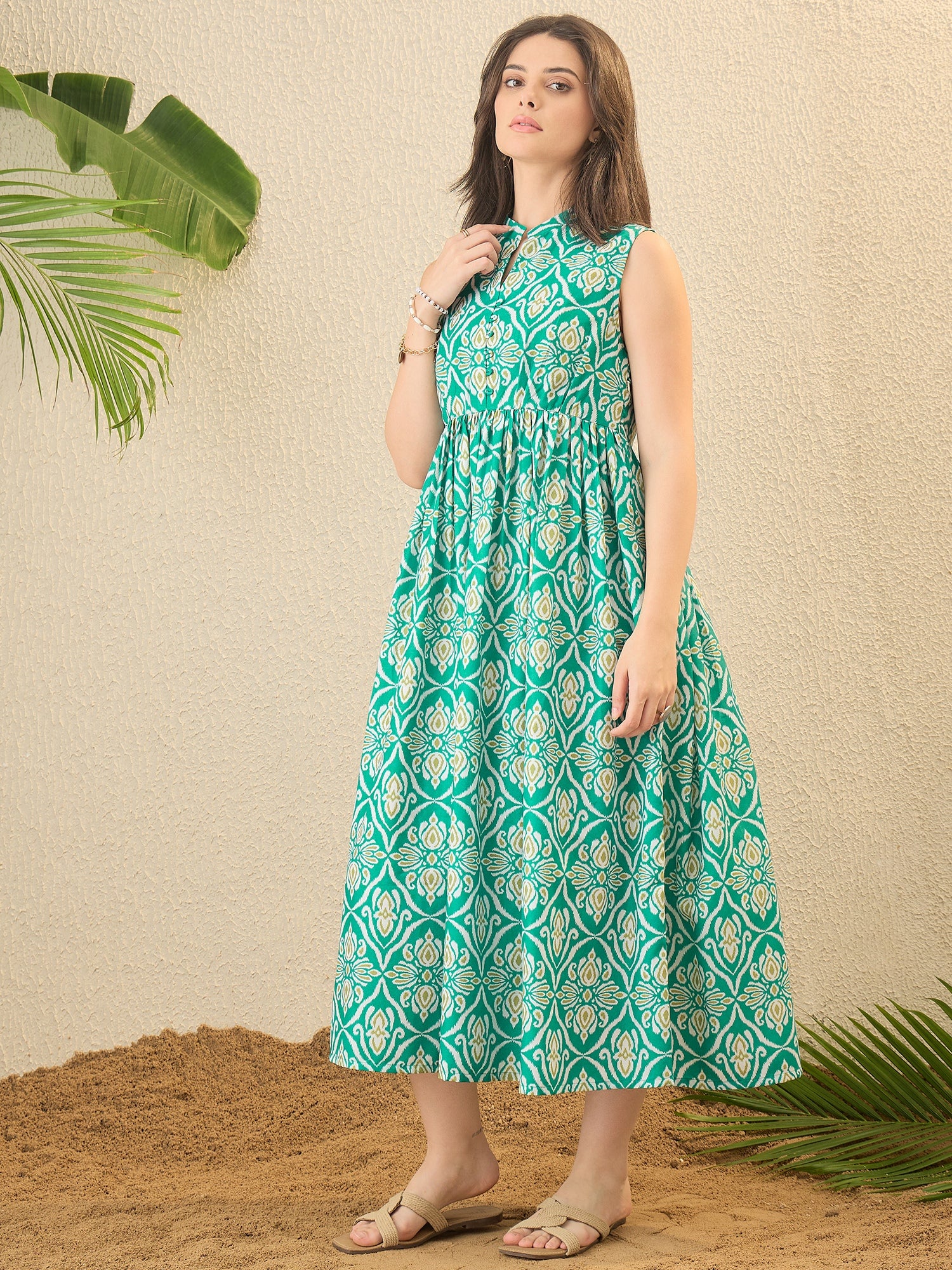 Sea Green Ikat Printed Fit & Flare Dress