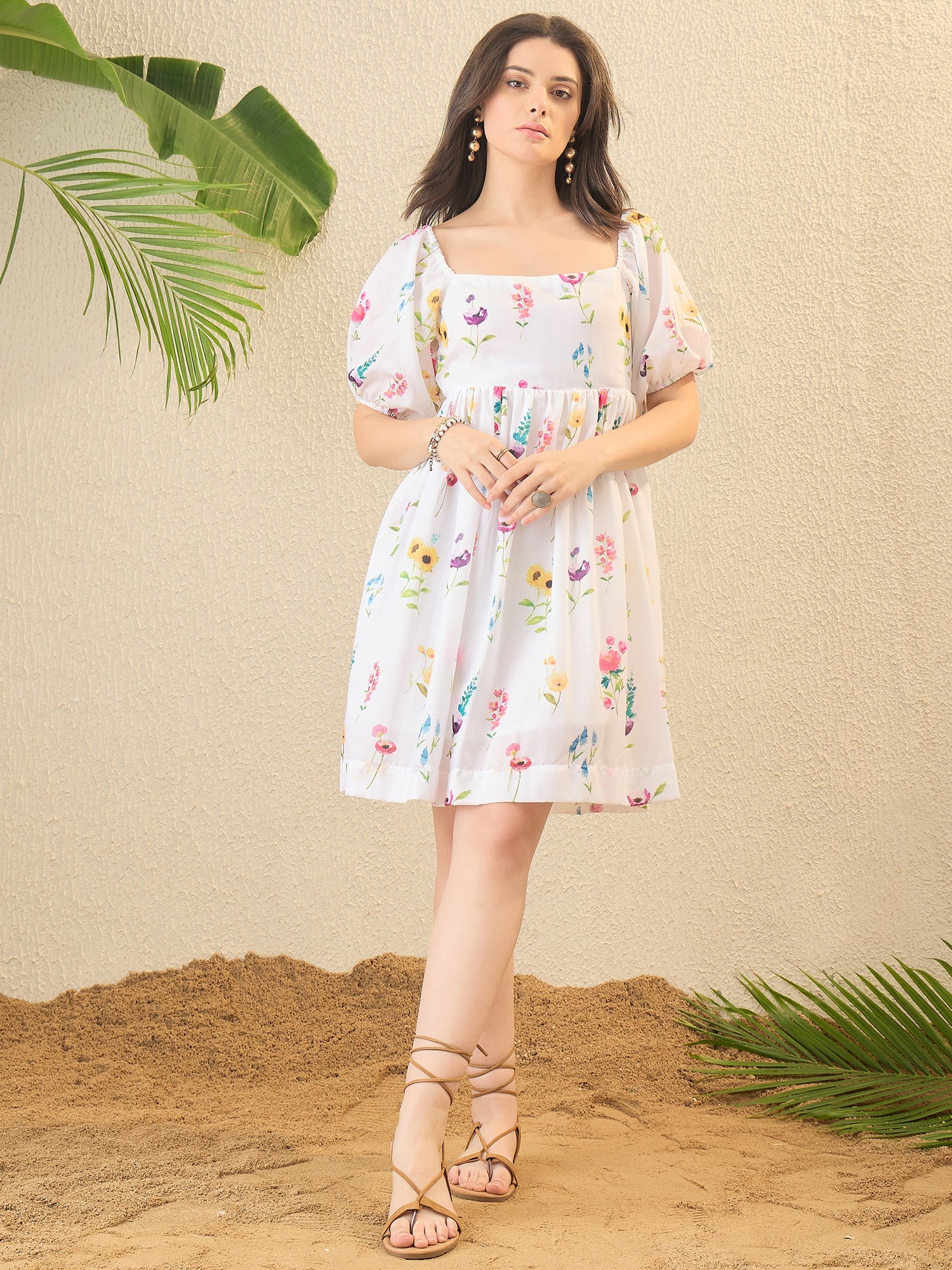 White Floral Printed Fit & Flare Mini Dress